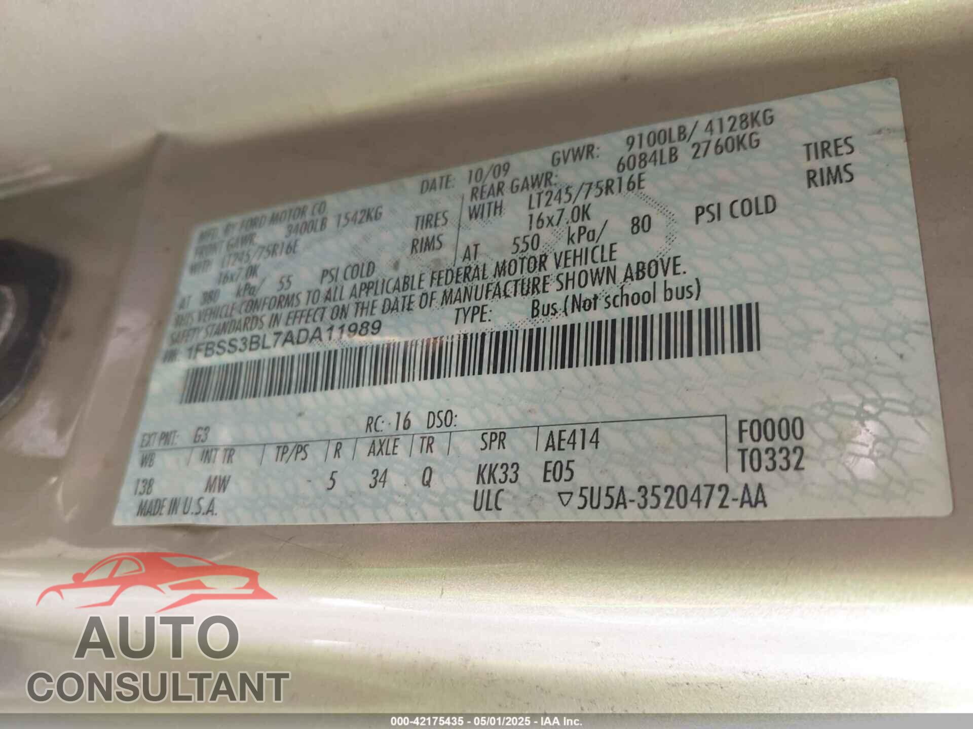 FORD E-350 SUPER DUTY 2010 - 1FBSS3BL7ADA11989