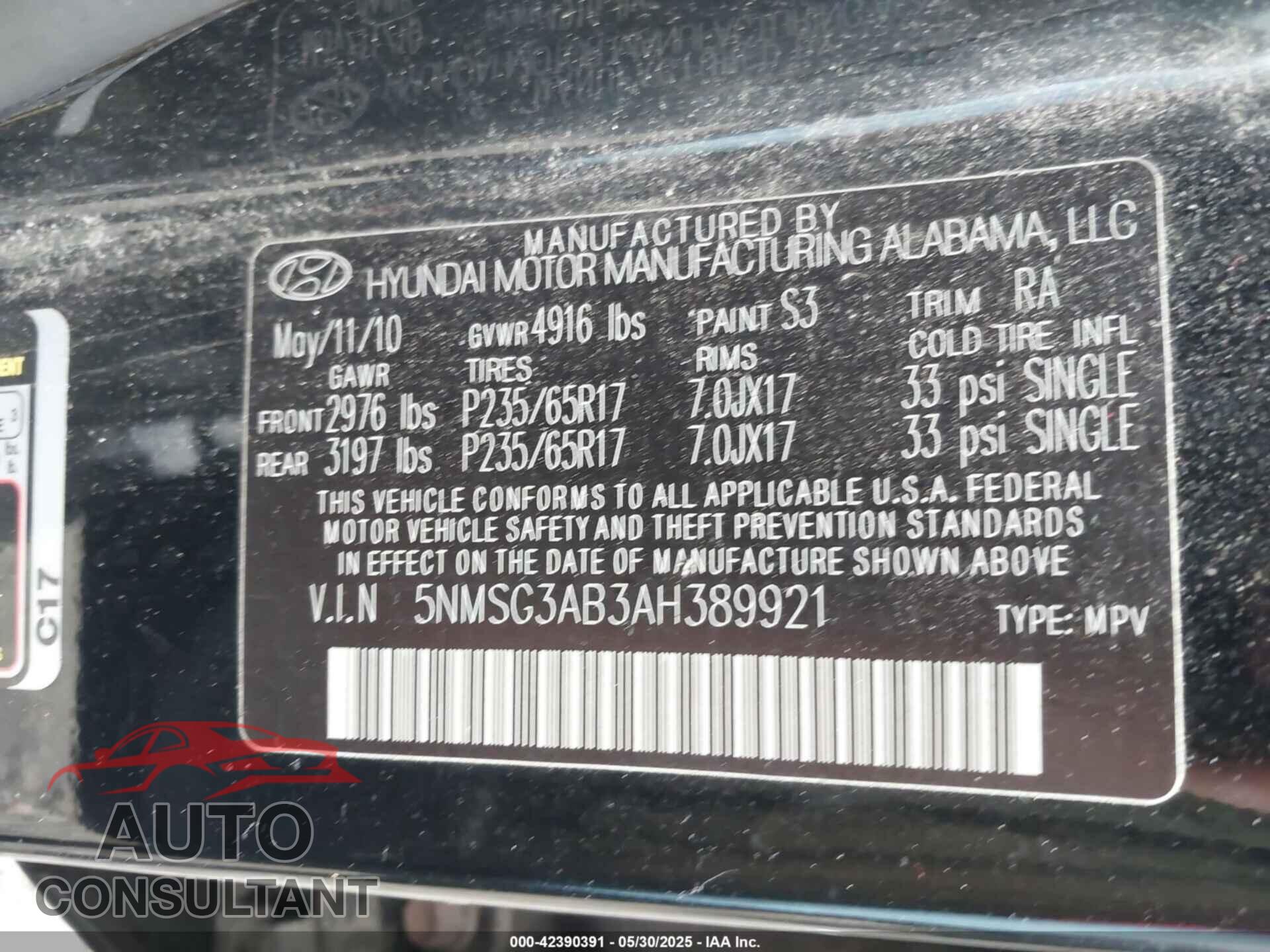 HYUNDAI SANTA FE 2010 - 5NMSG3AB3AH389921