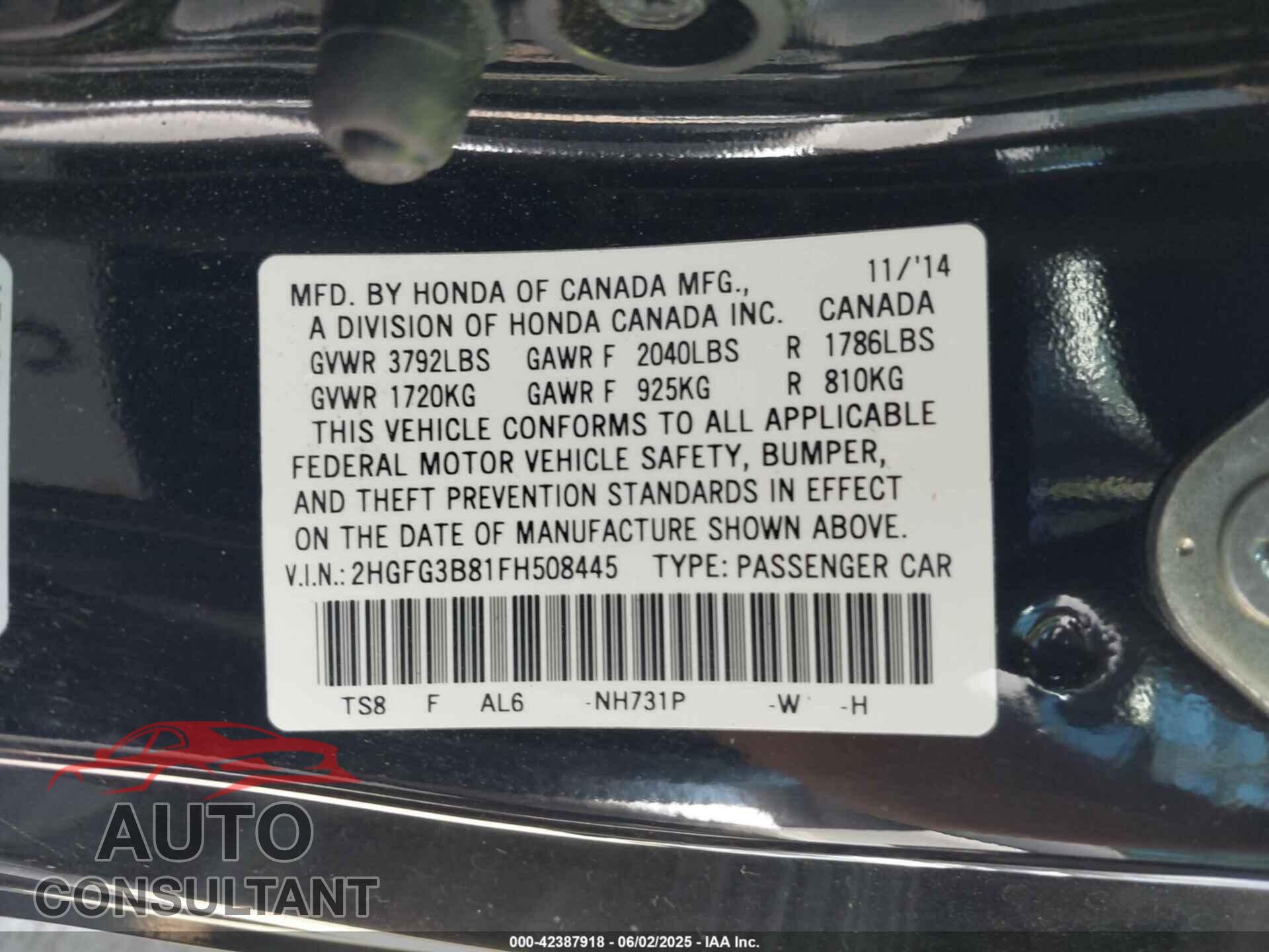 HONDA CIVIC 2015 - 2HGFG3B81FH508445