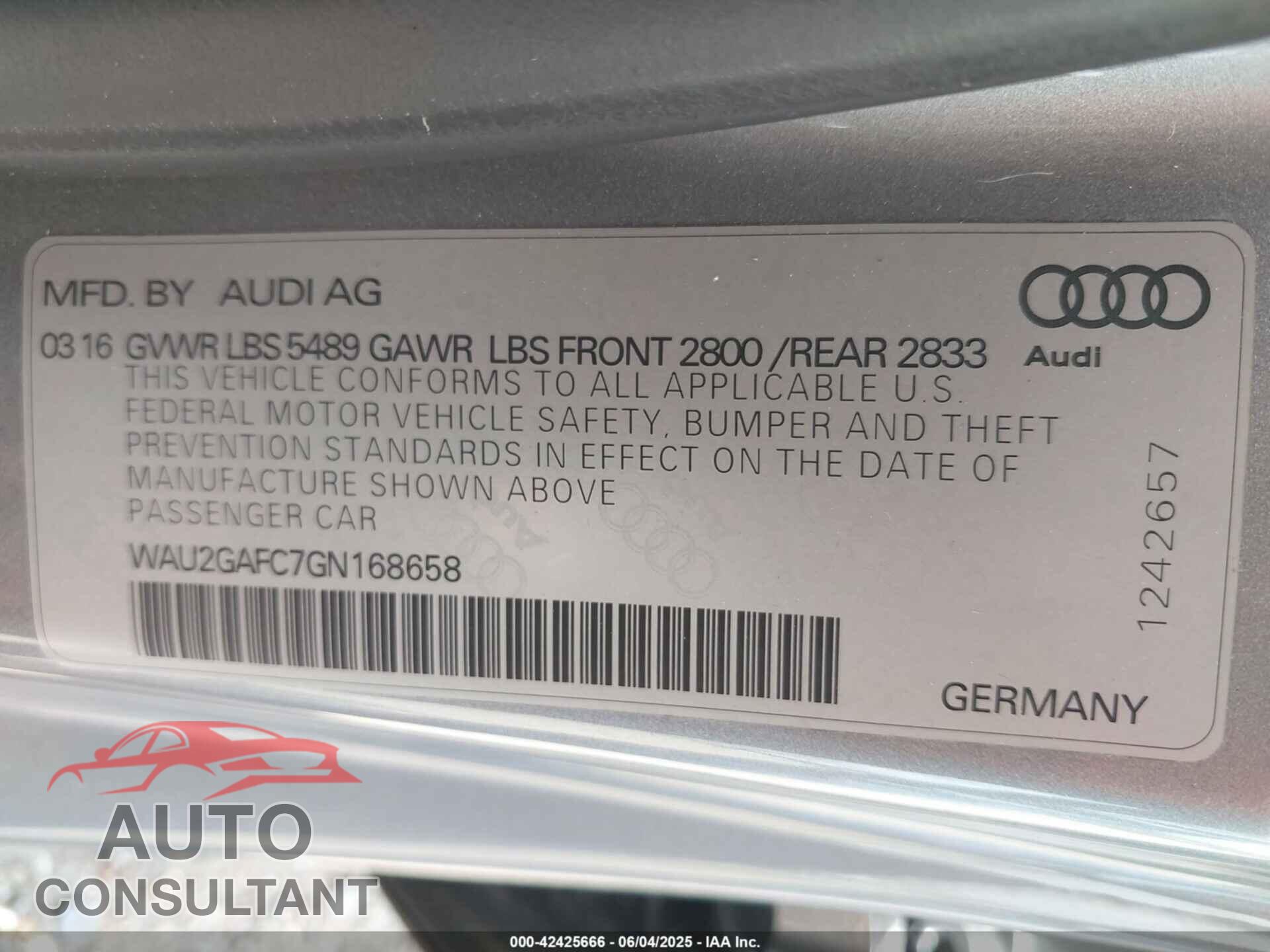 AUDI A7 2016 - WAU2GAFC7GN168658