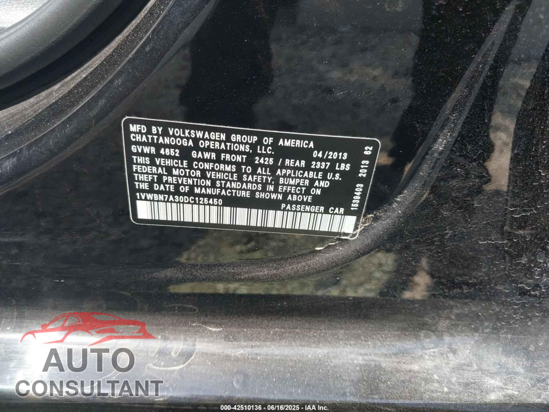 VOLKSWAGEN PASSAT 2013 - 1VWBN7A30DC125450