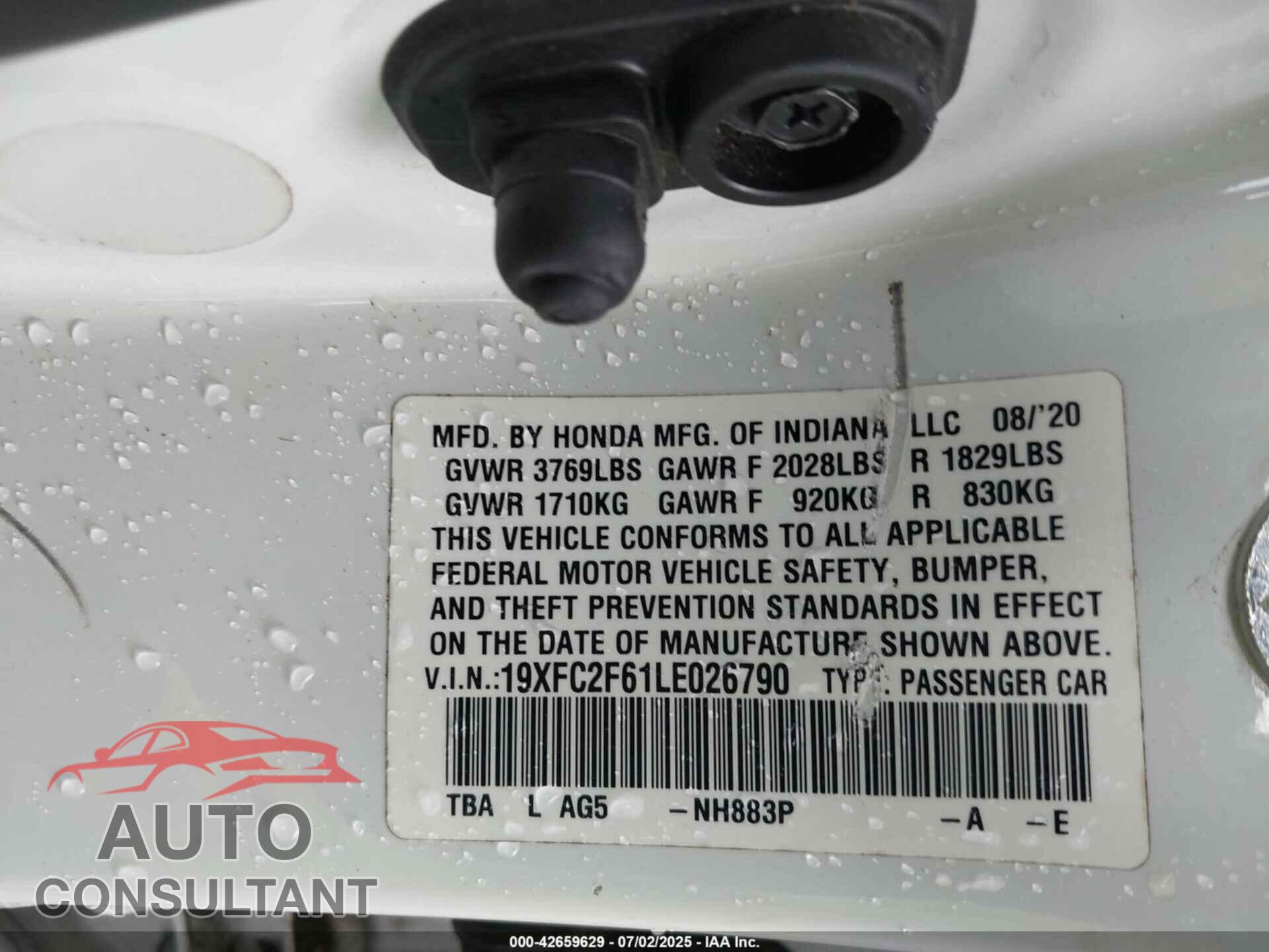 HONDA CIVIC 2020 - 19XFC2F61LE026790