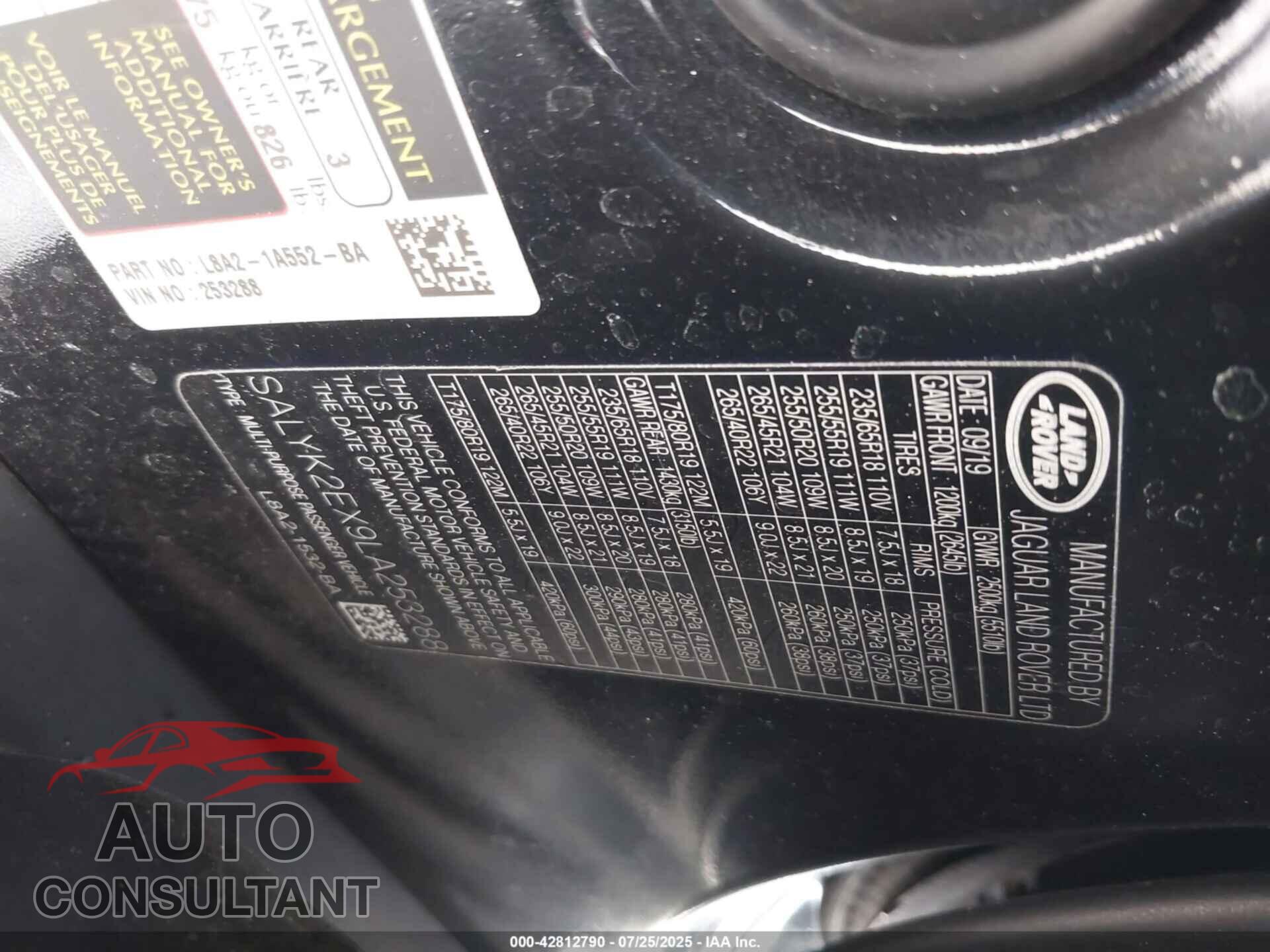 LAND ROVER RANGE ROVER VELAR 2020 - SALYK2EX9LA253288