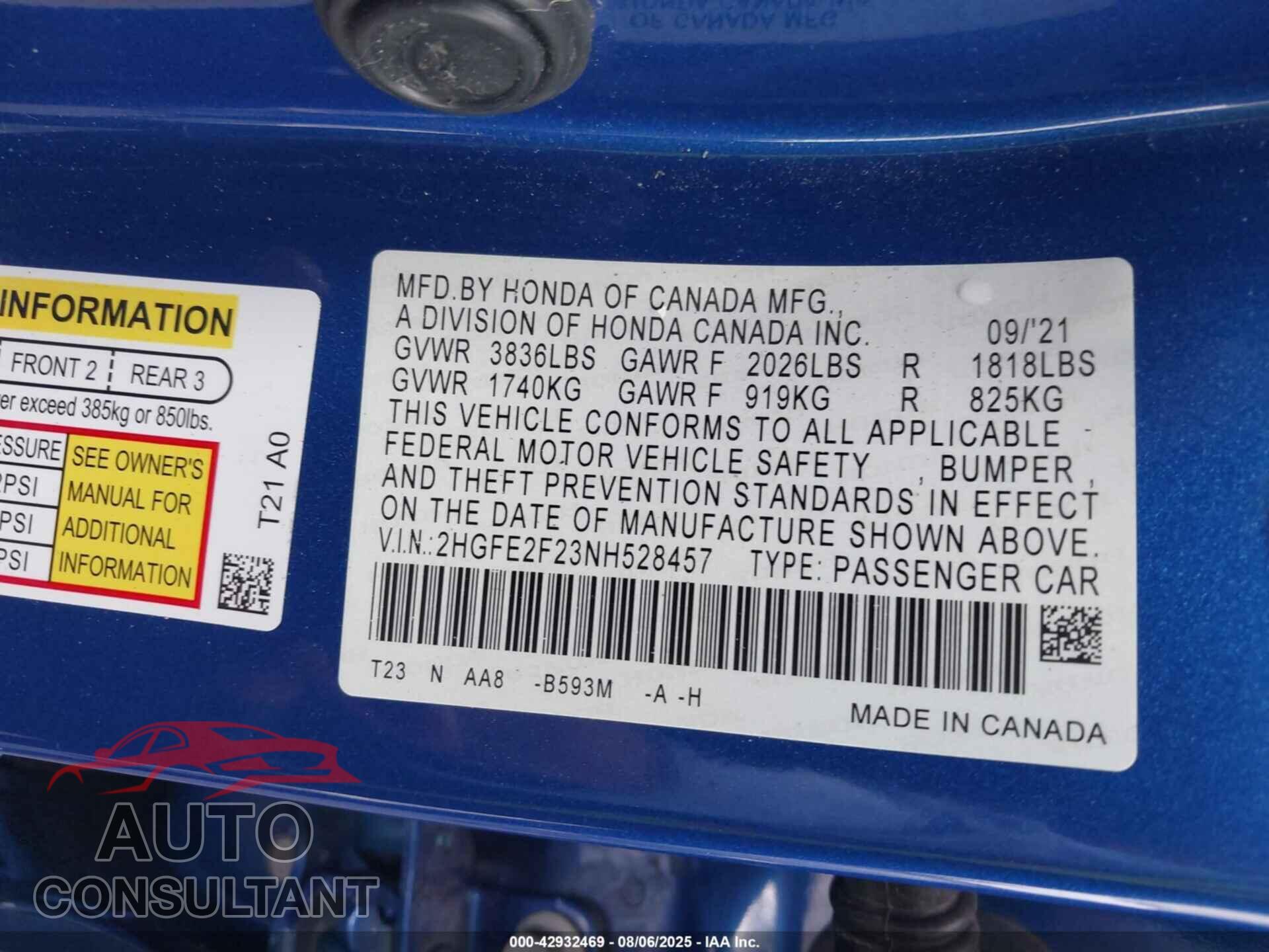 HONDA CIVIC 2022 - 2HGFE2F23NH528457
