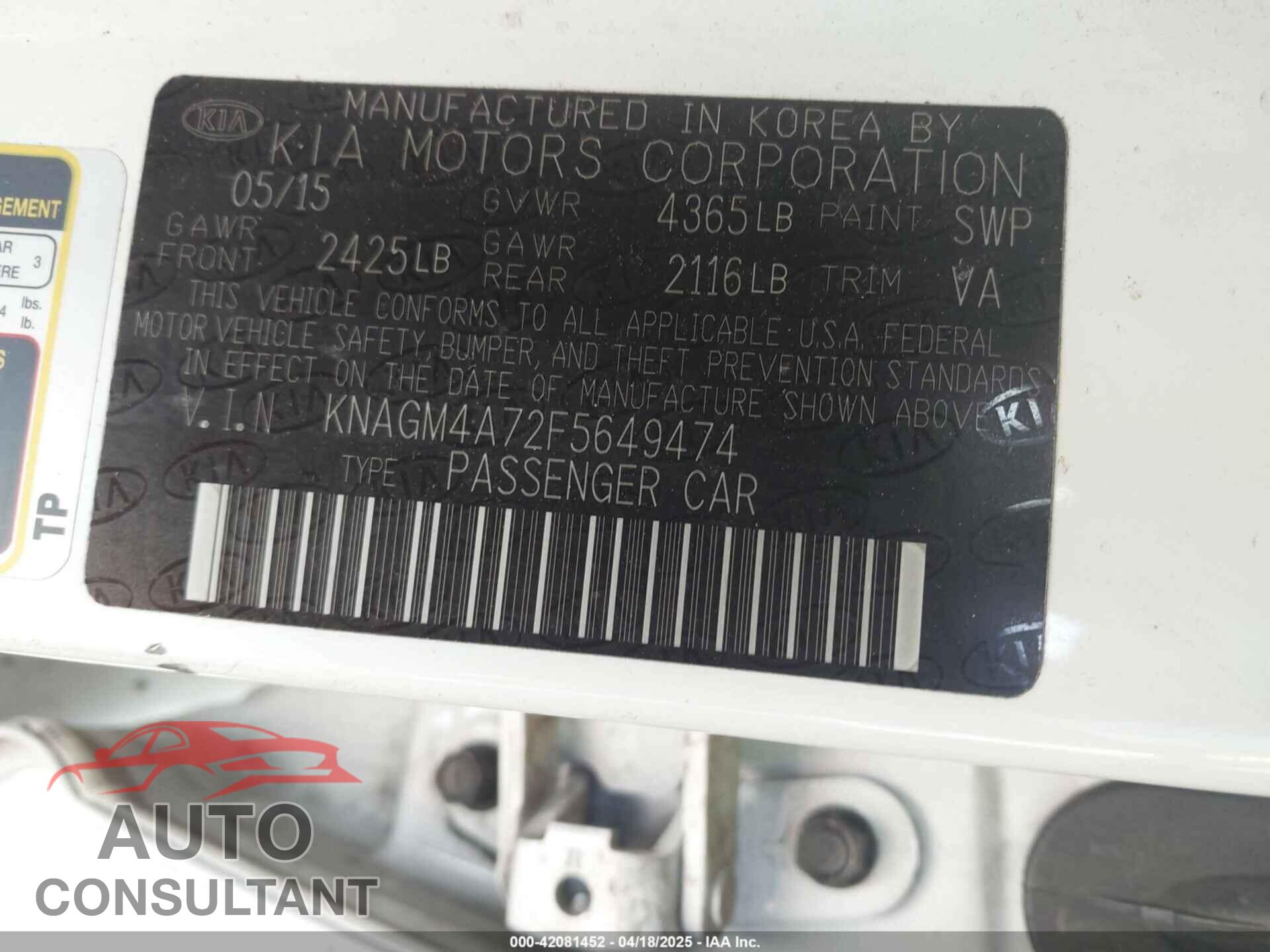 KIA OPTIMA 2015 - KNAGM4A72F5649474