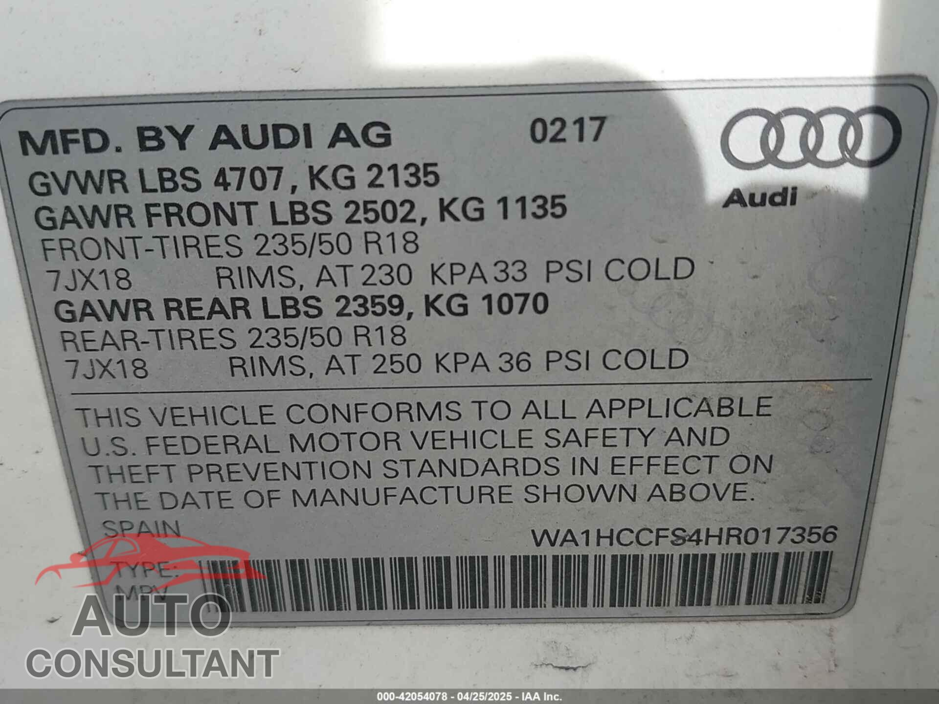 AUDI Q3 2017 - WA1HCCFS4HR017356