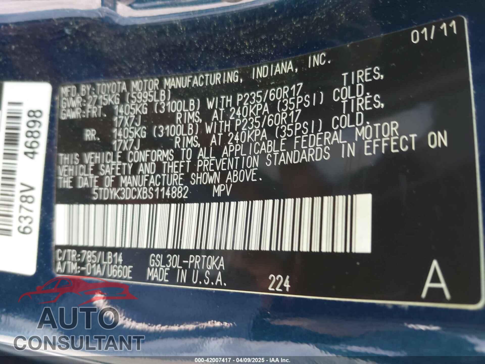 TOYOTA SIENNA 2011 - 5TDYK3DCXBS114882