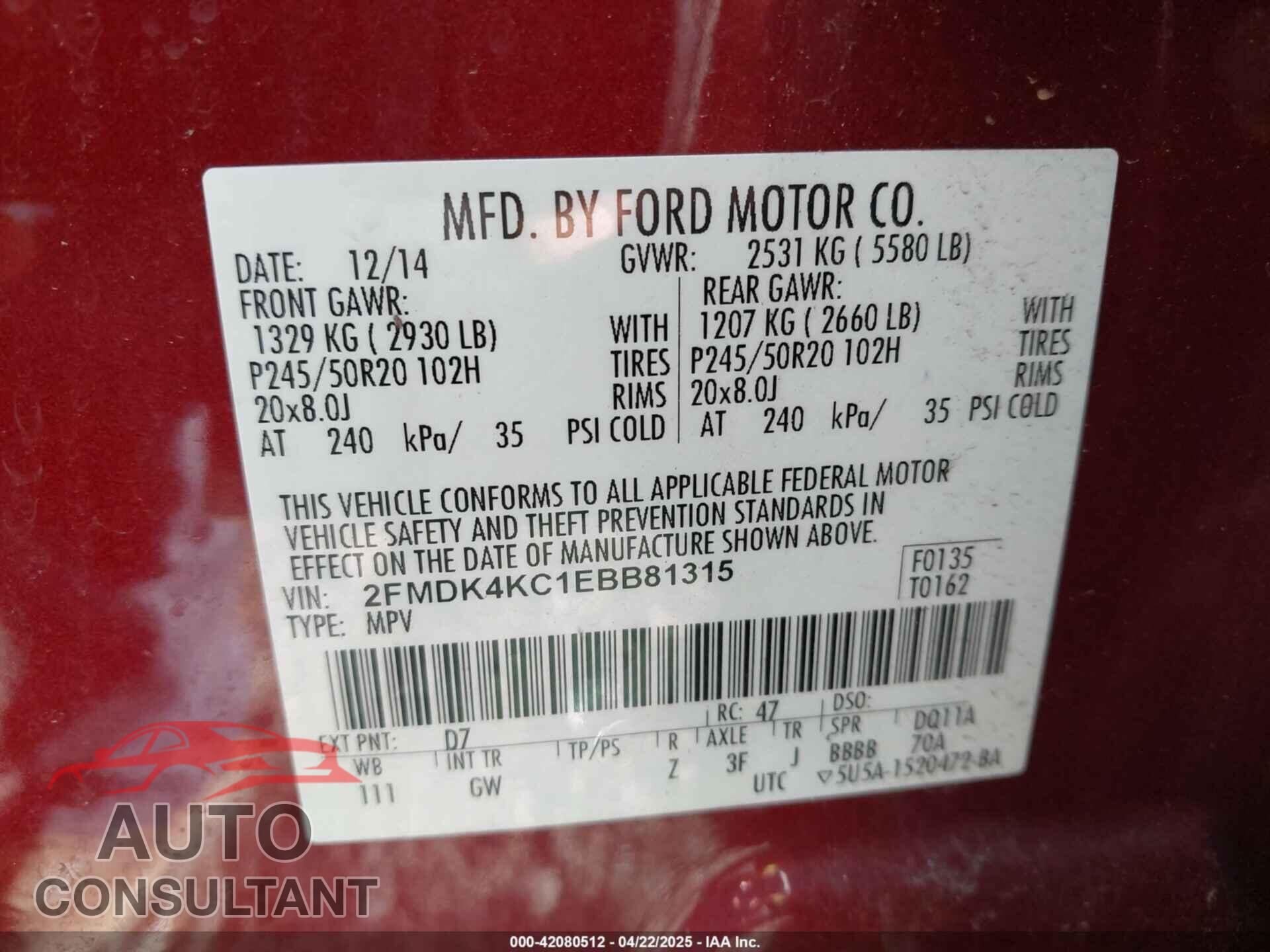 FORD EDGE 2014 - 2FMDK4KC1EBB81315