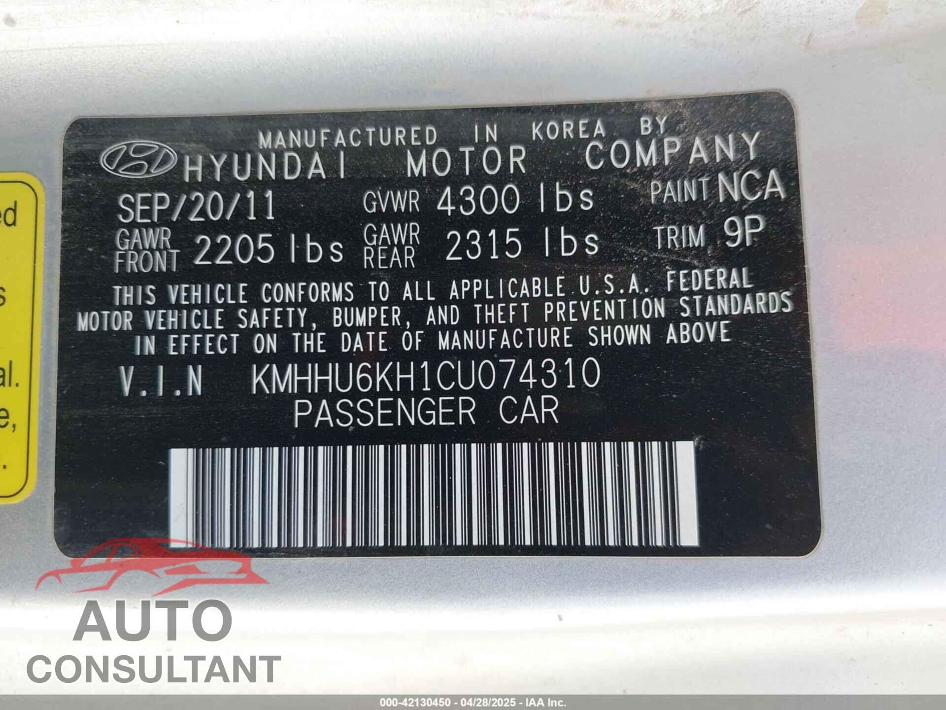 HYUNDAI GENESIS 2012 - KMHHU6KH1CU074310