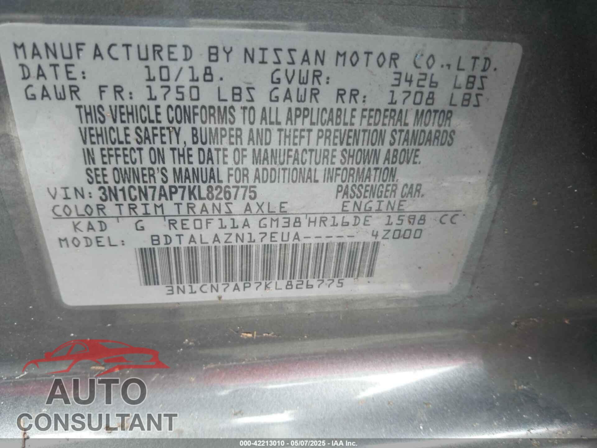 NISSAN VERSA 2019 - 3N1CN7AP7KL826775
