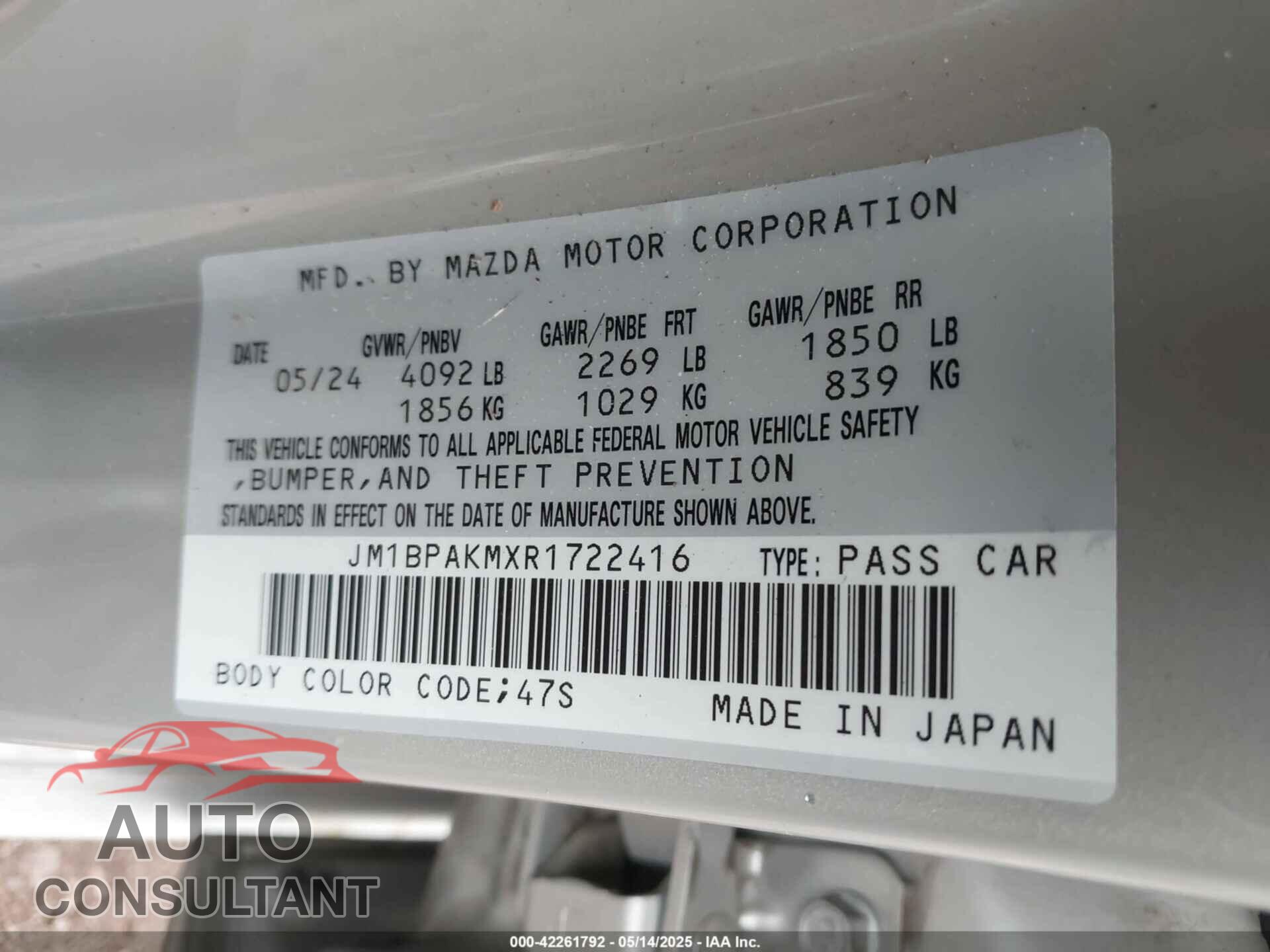 MAZDA 3 2024 - JM1BPAKMXR1722416