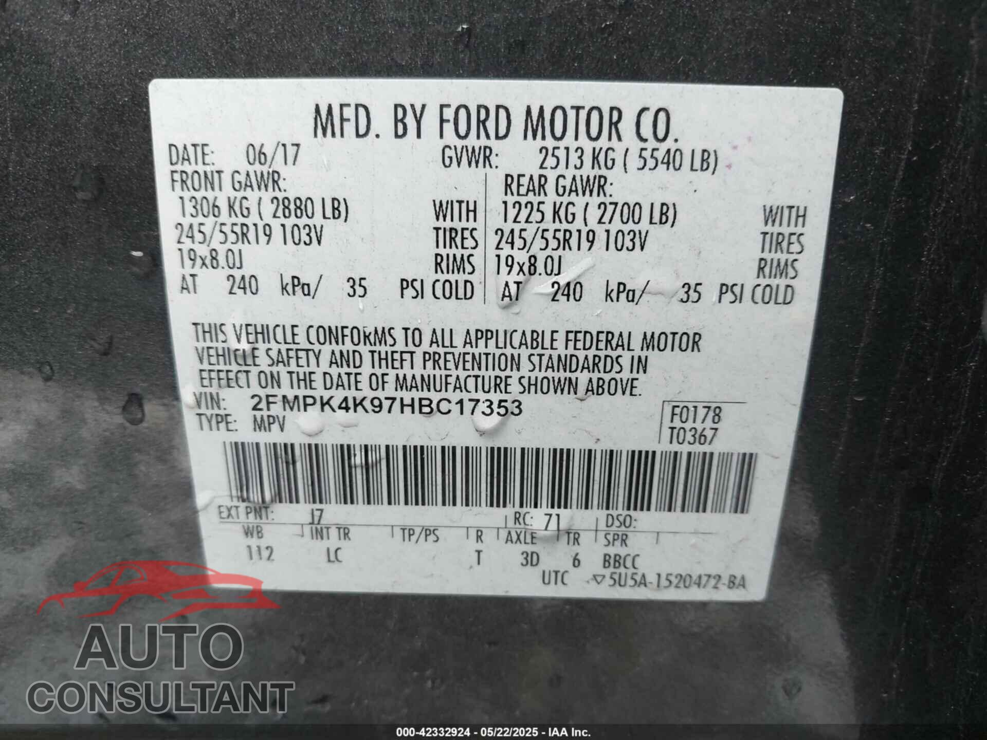 FORD EDGE 2017 - 2FMPK4K97HBC17353