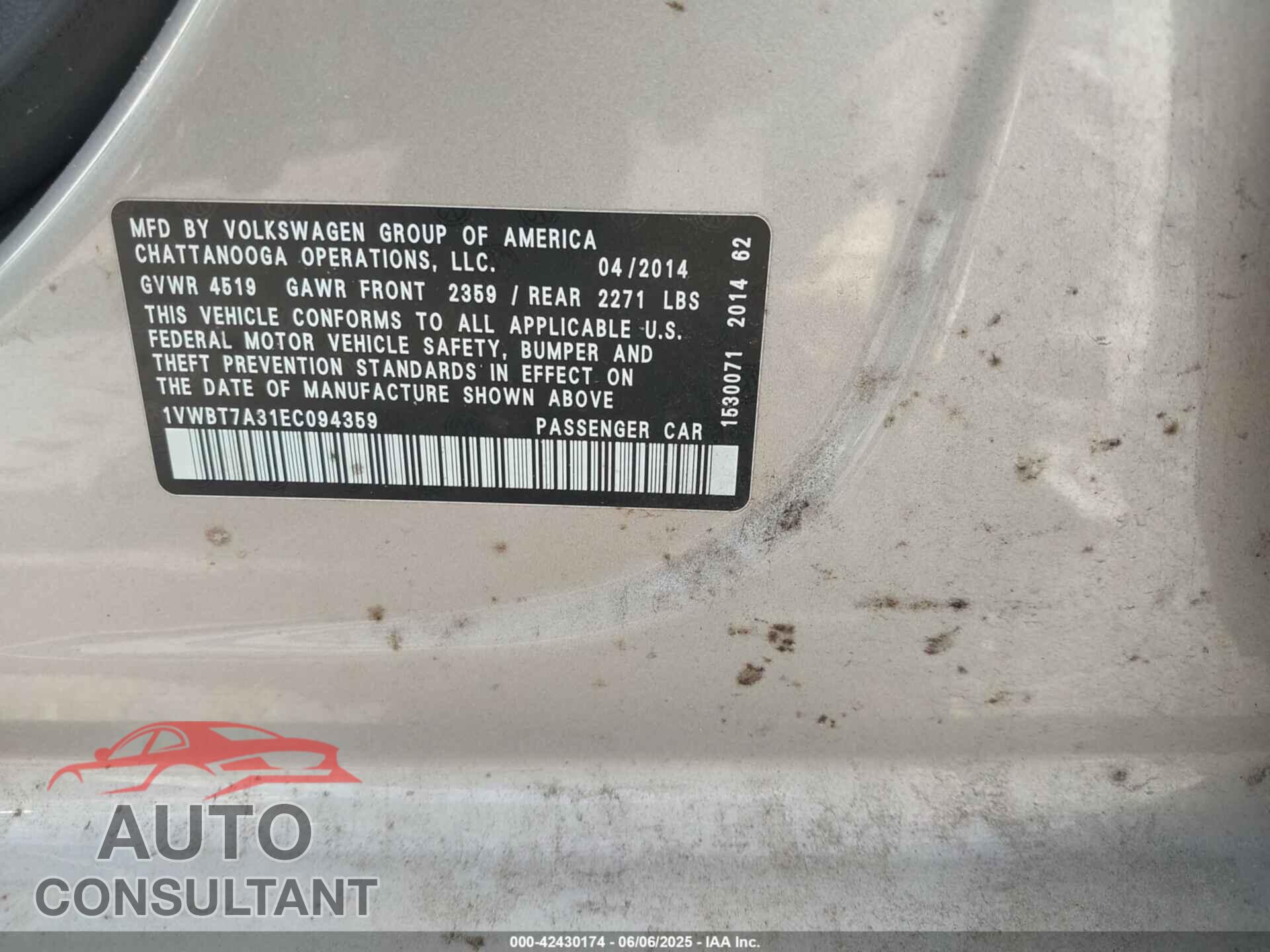VOLKSWAGEN PASSAT 2014 - 1VWBT7A31EC094359