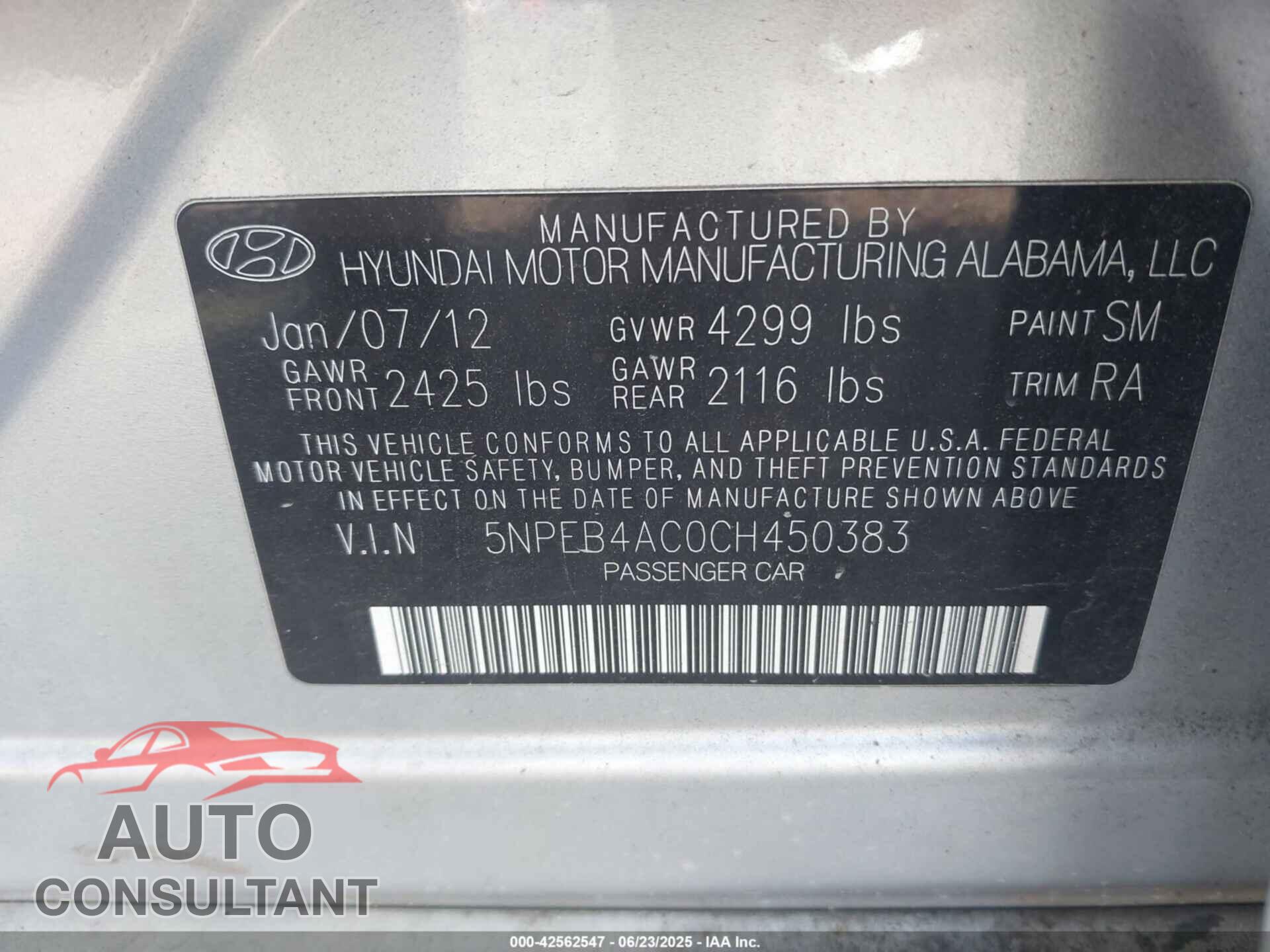 HYUNDAI SONATA 2012 - 5NPEB4AC0CH450383