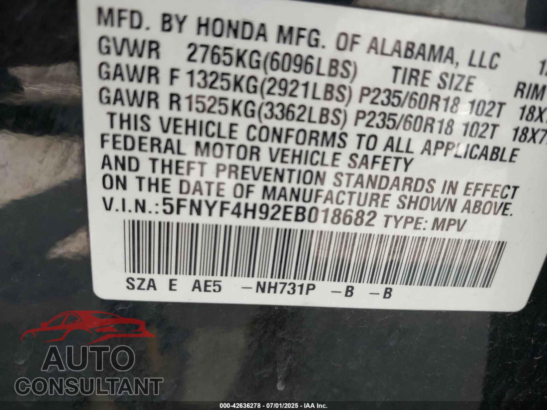 HONDA PILOT 2014 - 5FNYF4H92EB018682