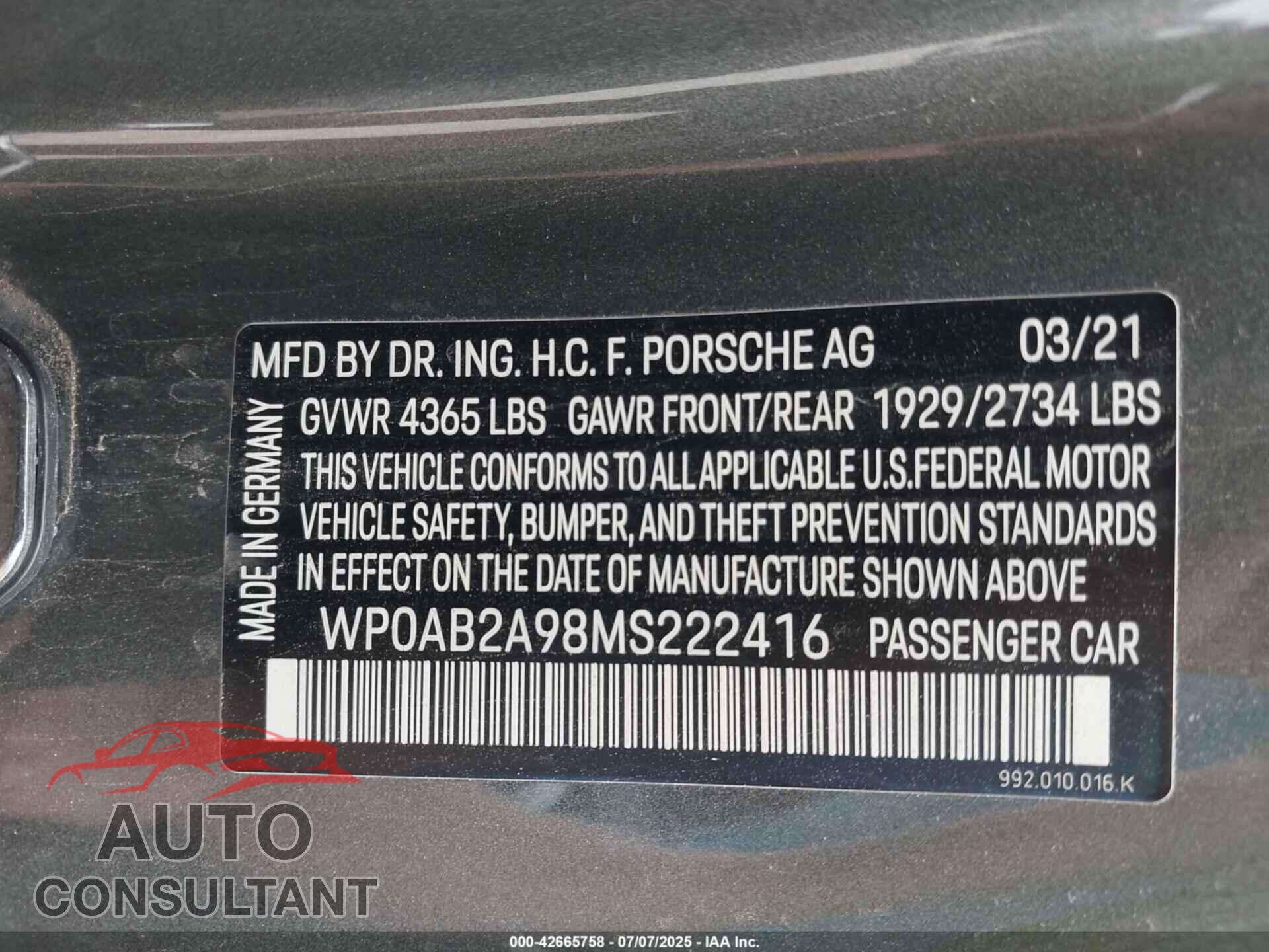 PORSCHE 911 2021 - WP0AB2A98MS222416