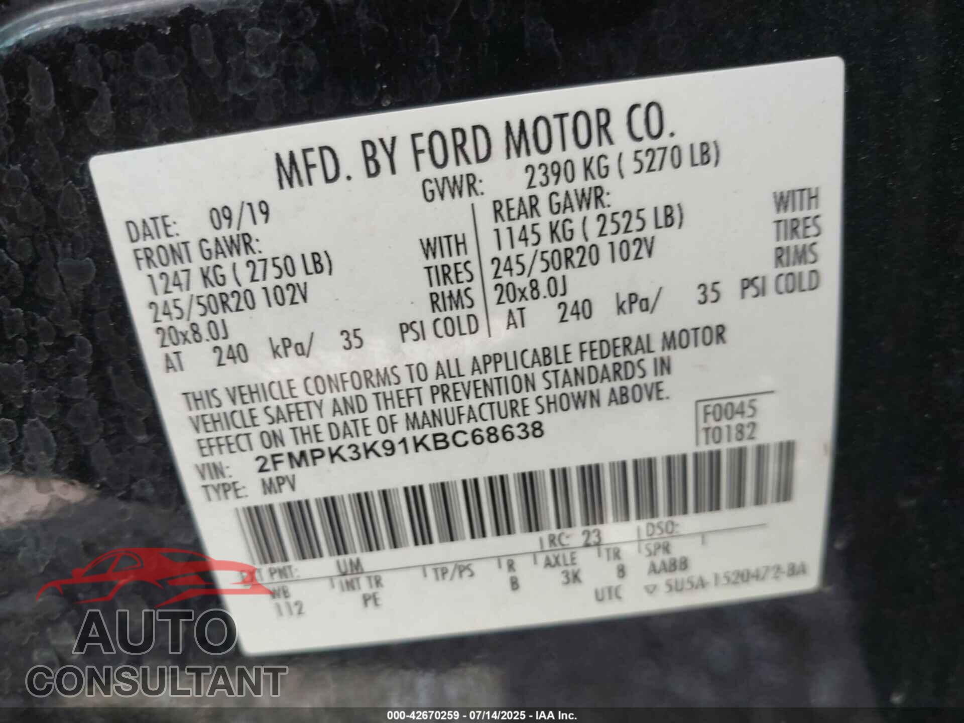 FORD EDGE 2019 - 2FMPK3K91KBC68638