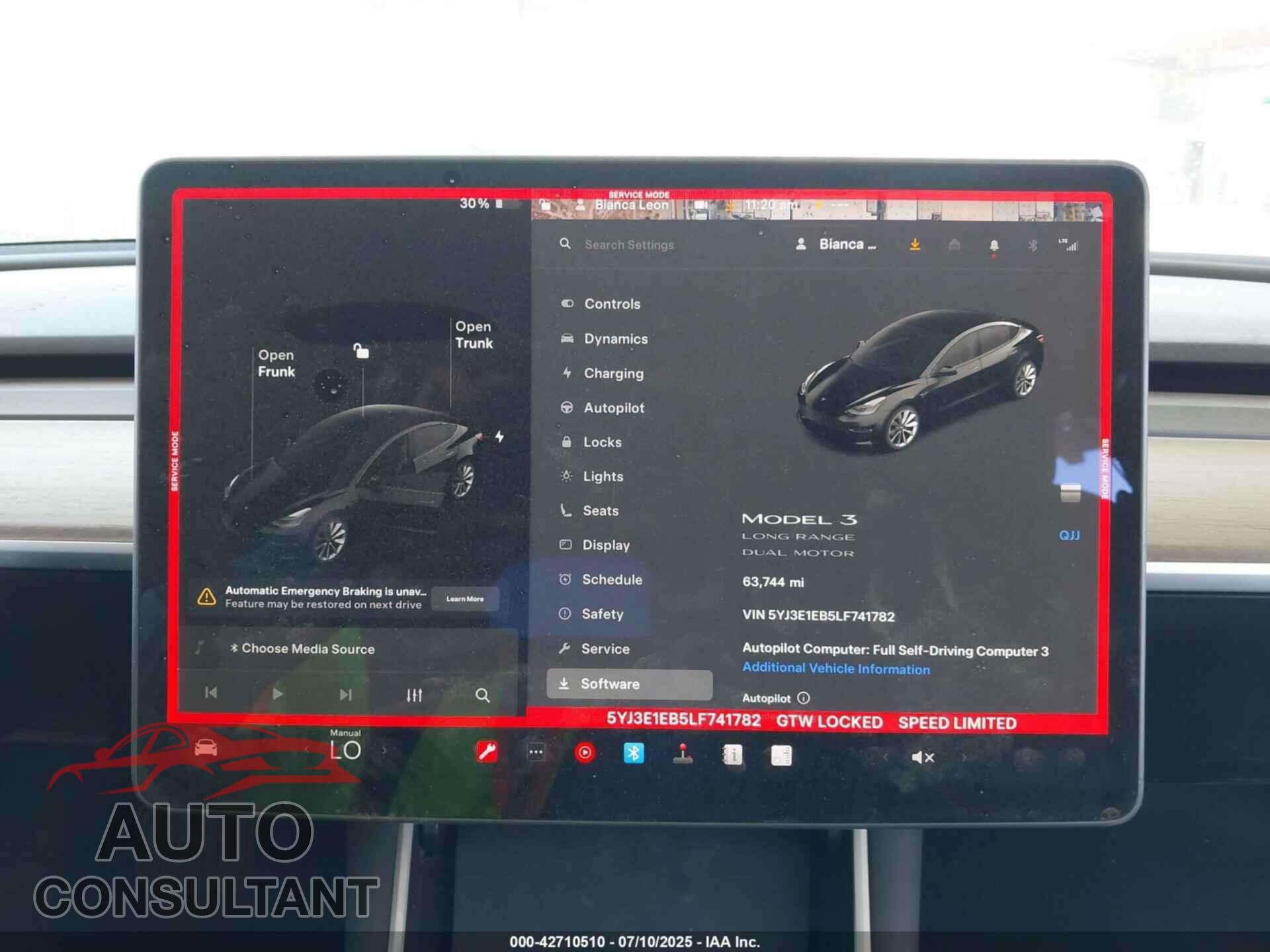 TESLA MODEL 3 2020 - 5YJ3E1EB5LF741782