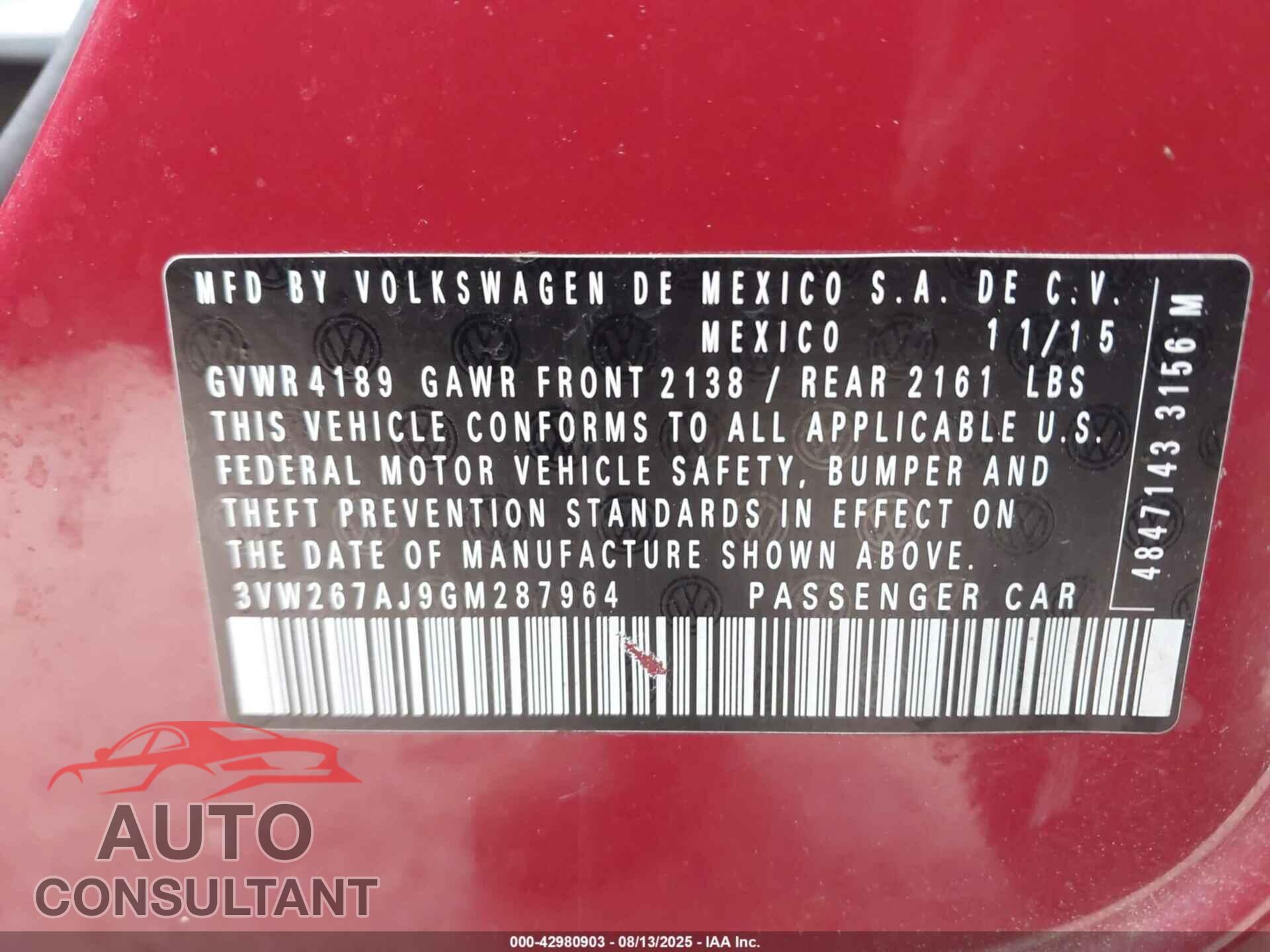 VOLKSWAGEN JETTA 2016 - 3VW267AJ9GM287964