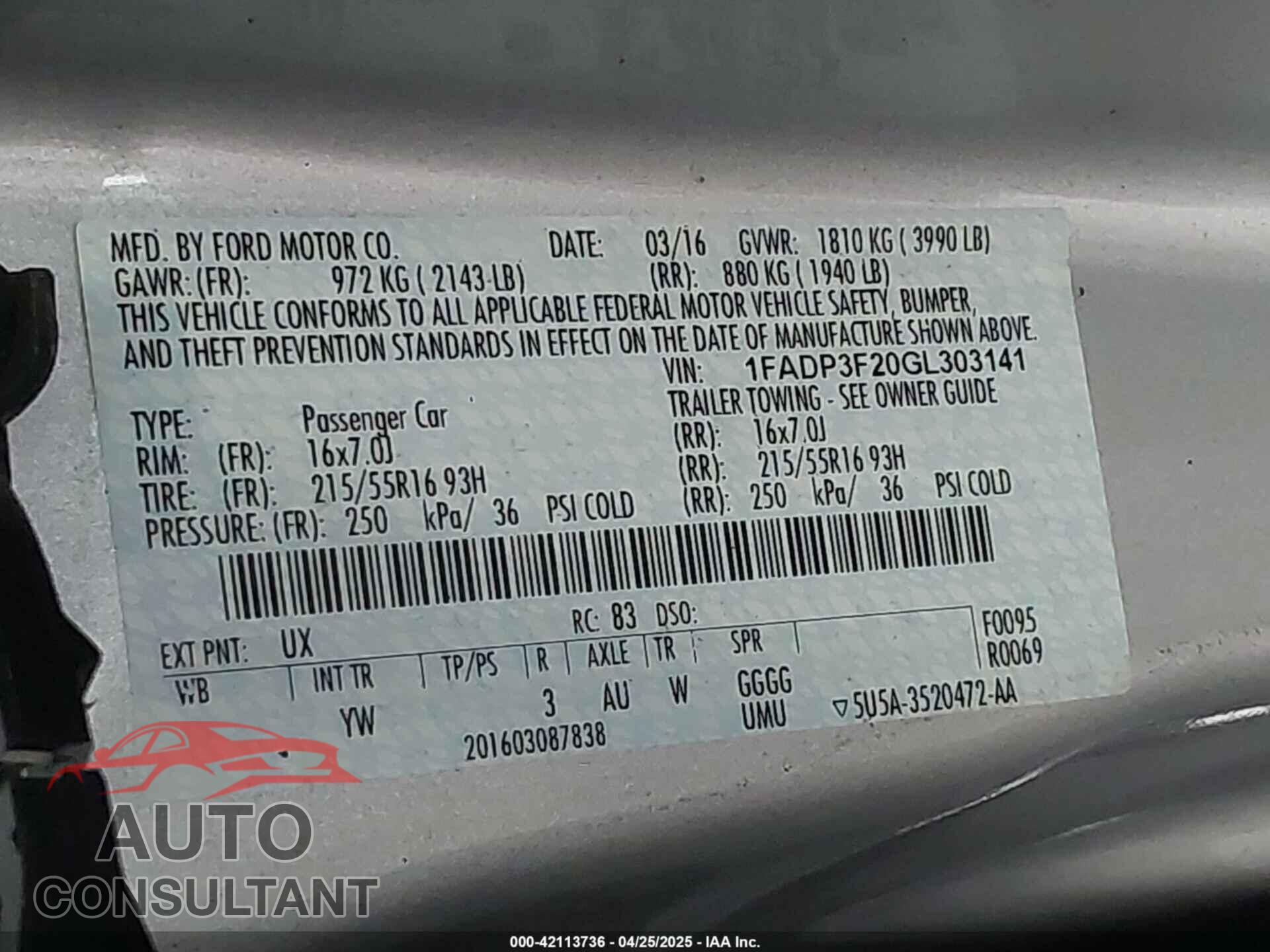 FORD FOCUS 2016 - 1FADP3F20GL303141