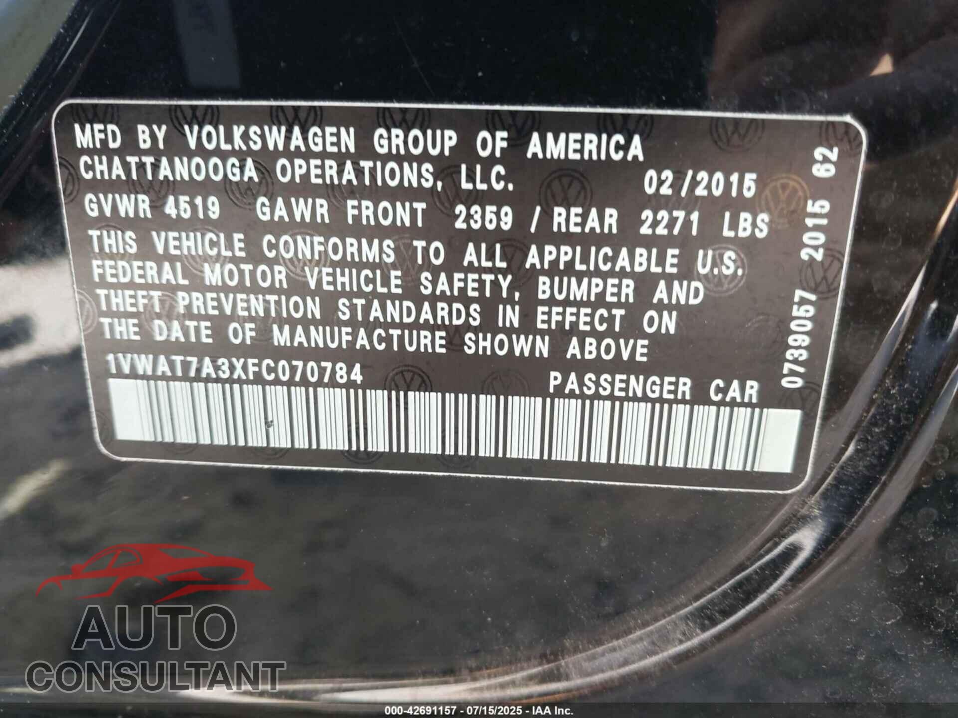 VOLKSWAGEN PASSAT 2015 - 1VWAT7A3XFC070784