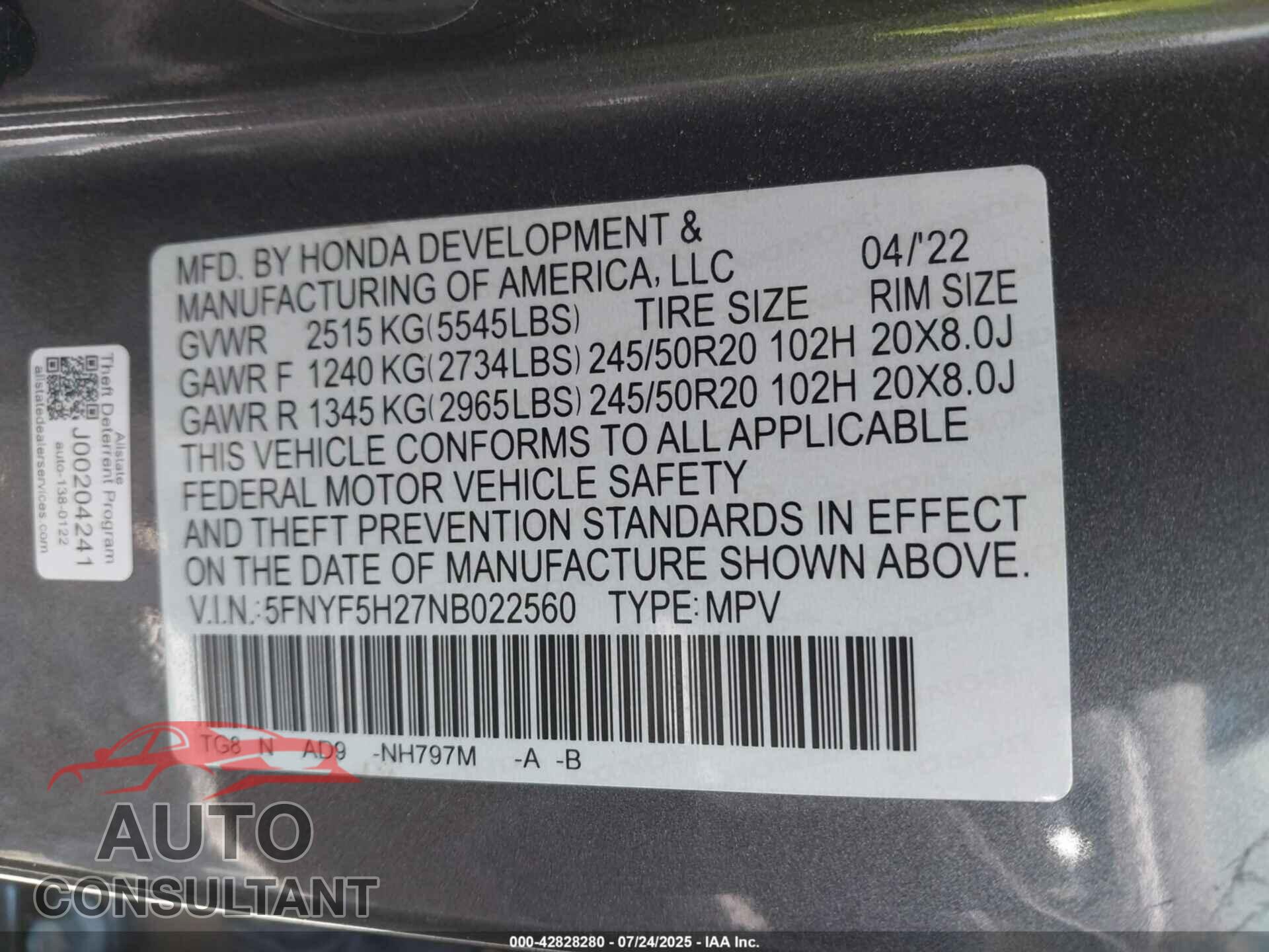 HONDA PILOT 2022 - 5FNYF5H27NB022560