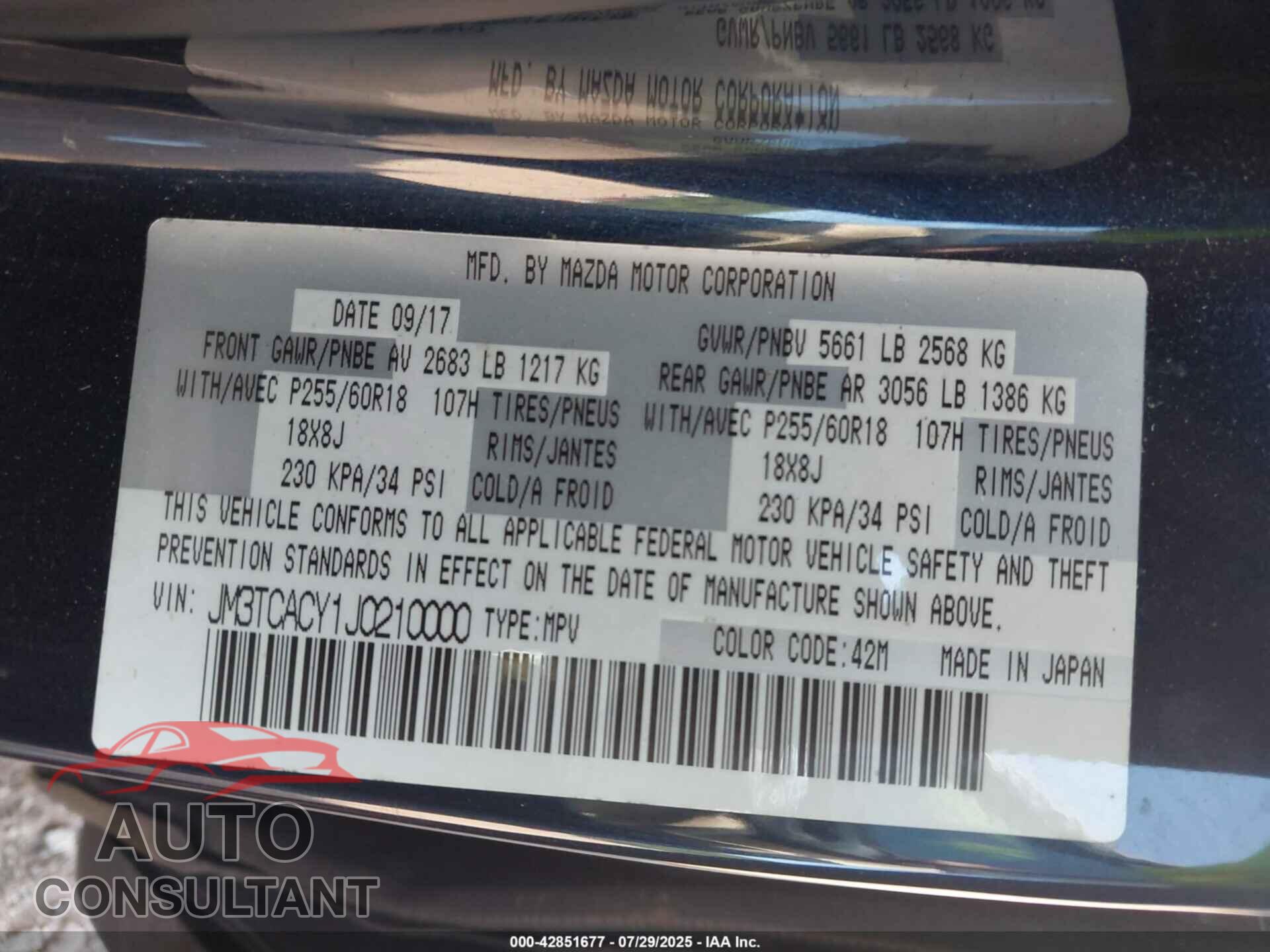 MAZDA CX-9 2018 - JM3TCACY1J0210000