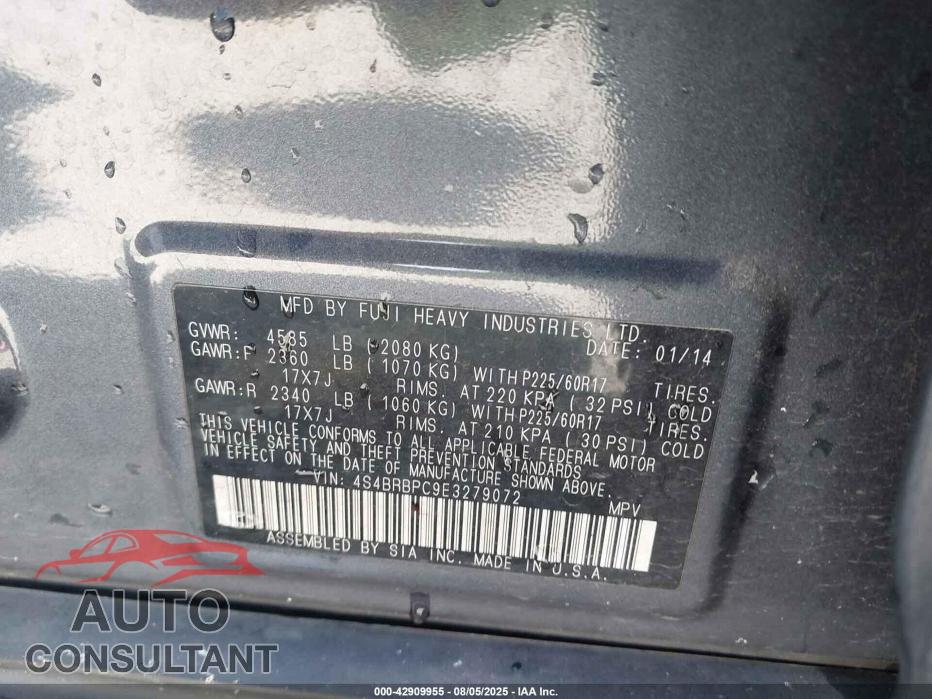 SUBARU OUTBACK 2014 - 4S4BRBPC9E3279072