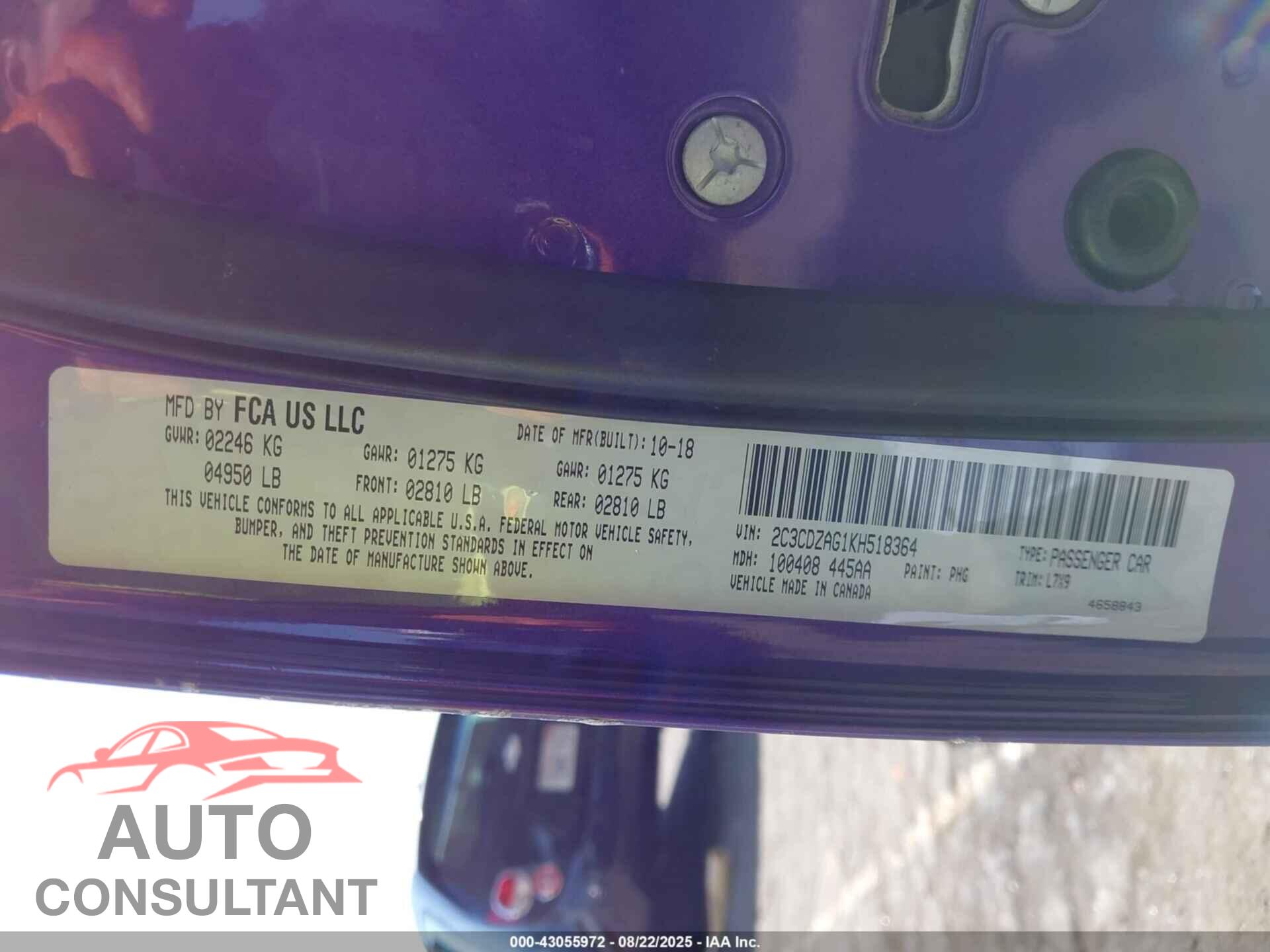 DODGE CHALLENGER 2019 - 2C3CDZAG1KH518364