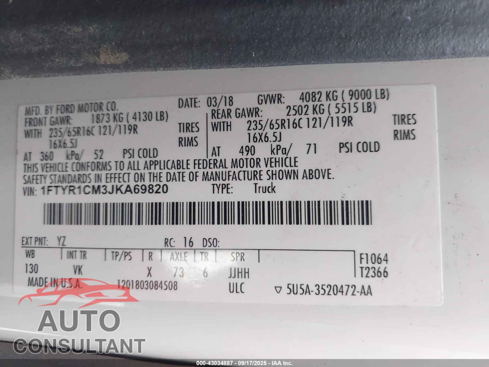 FORD TRANSIT-250 2018 - 1FTYR1CM3JKA69820