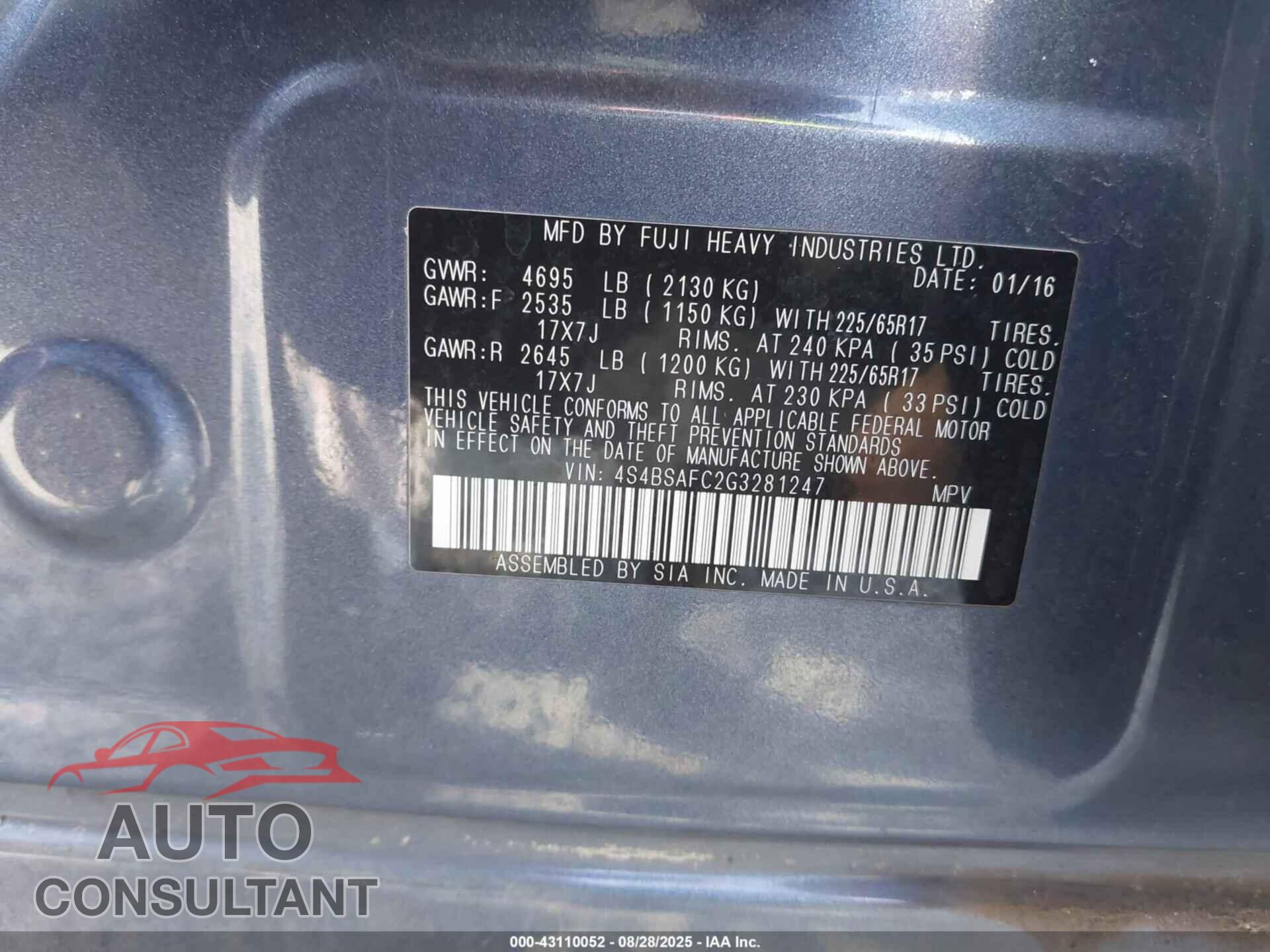 SUBARU OUTBACK 2016 - 4S4BSAFC2G3281247