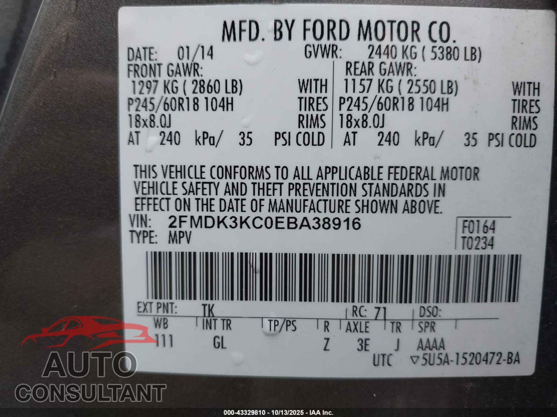 FORD EDGE 2014 - 2FMDK3KC0EBA38916