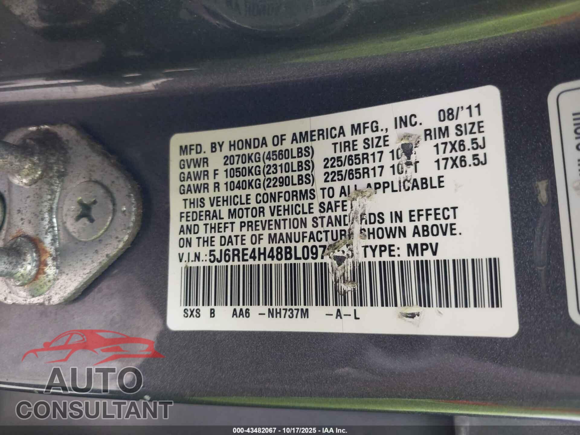HONDA CR-V 2011 - 5J6RE4H48BL097855