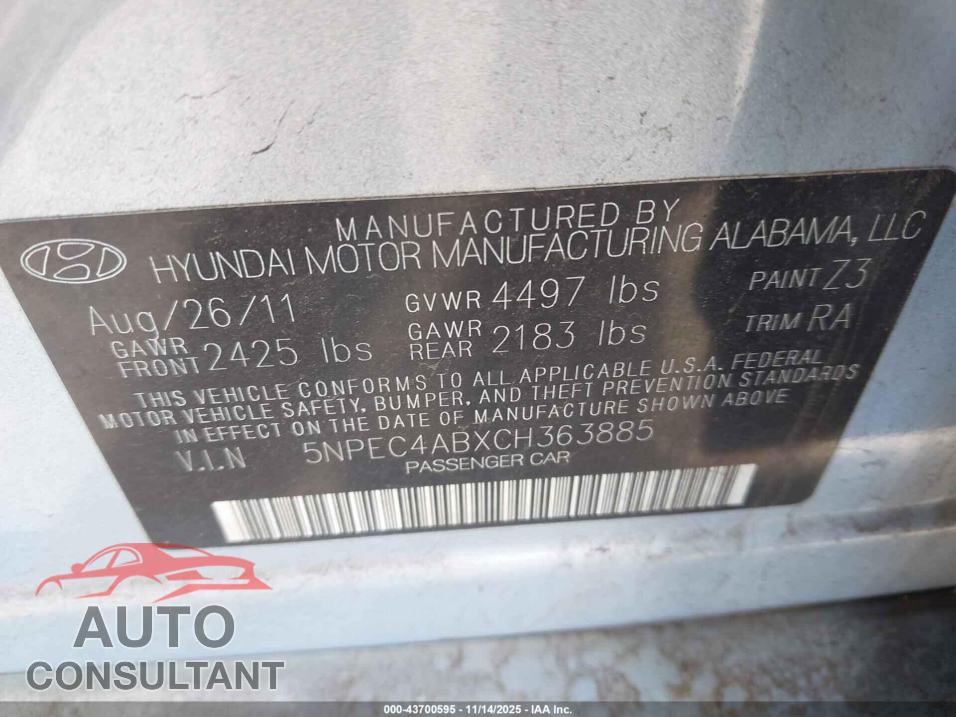 HYUNDAI SONATA 2012 - 5NPEC4ABXCH363885