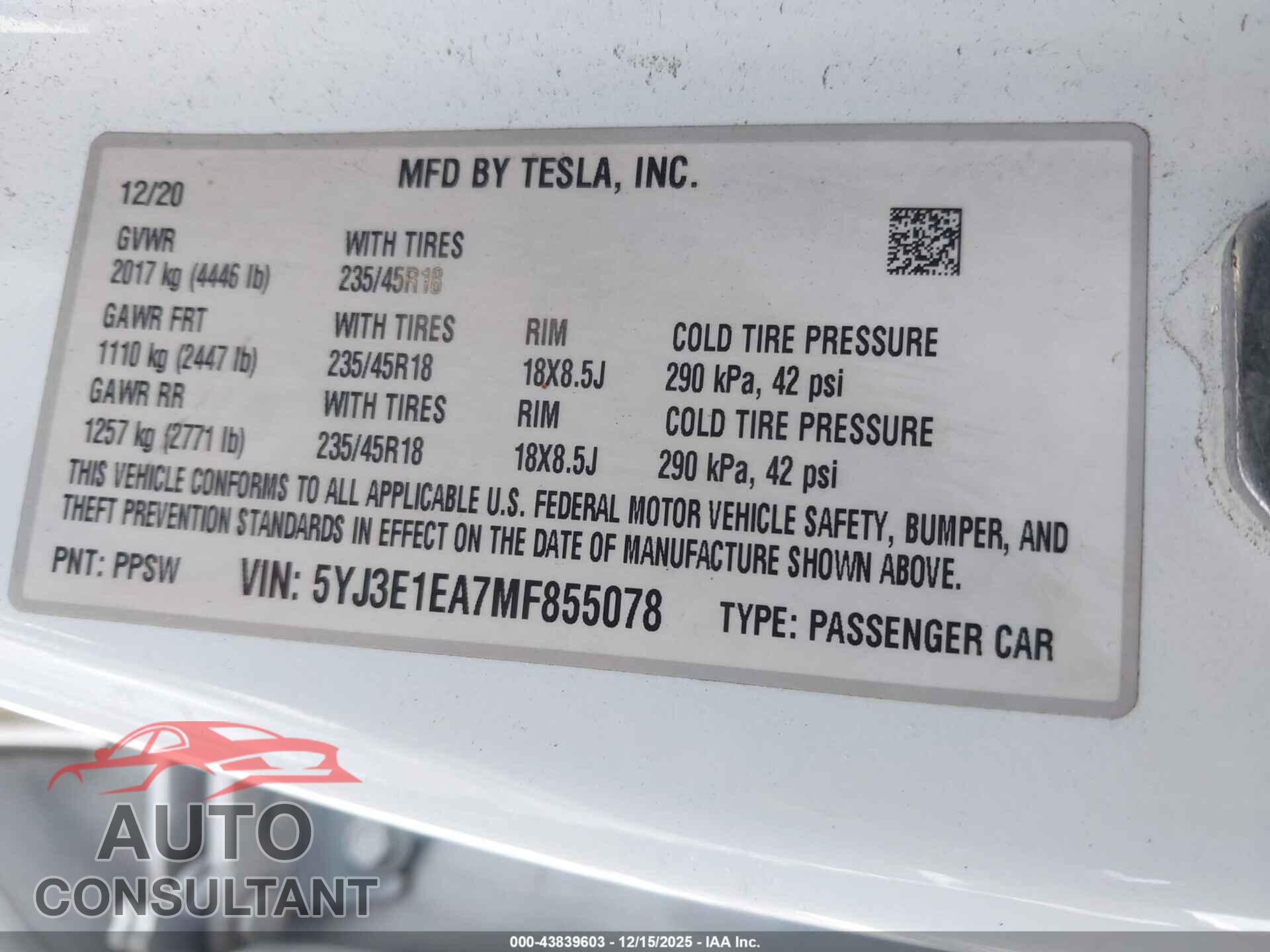 TESLA MODEL 3 2021 - 5YJ3E1EA7MF855078