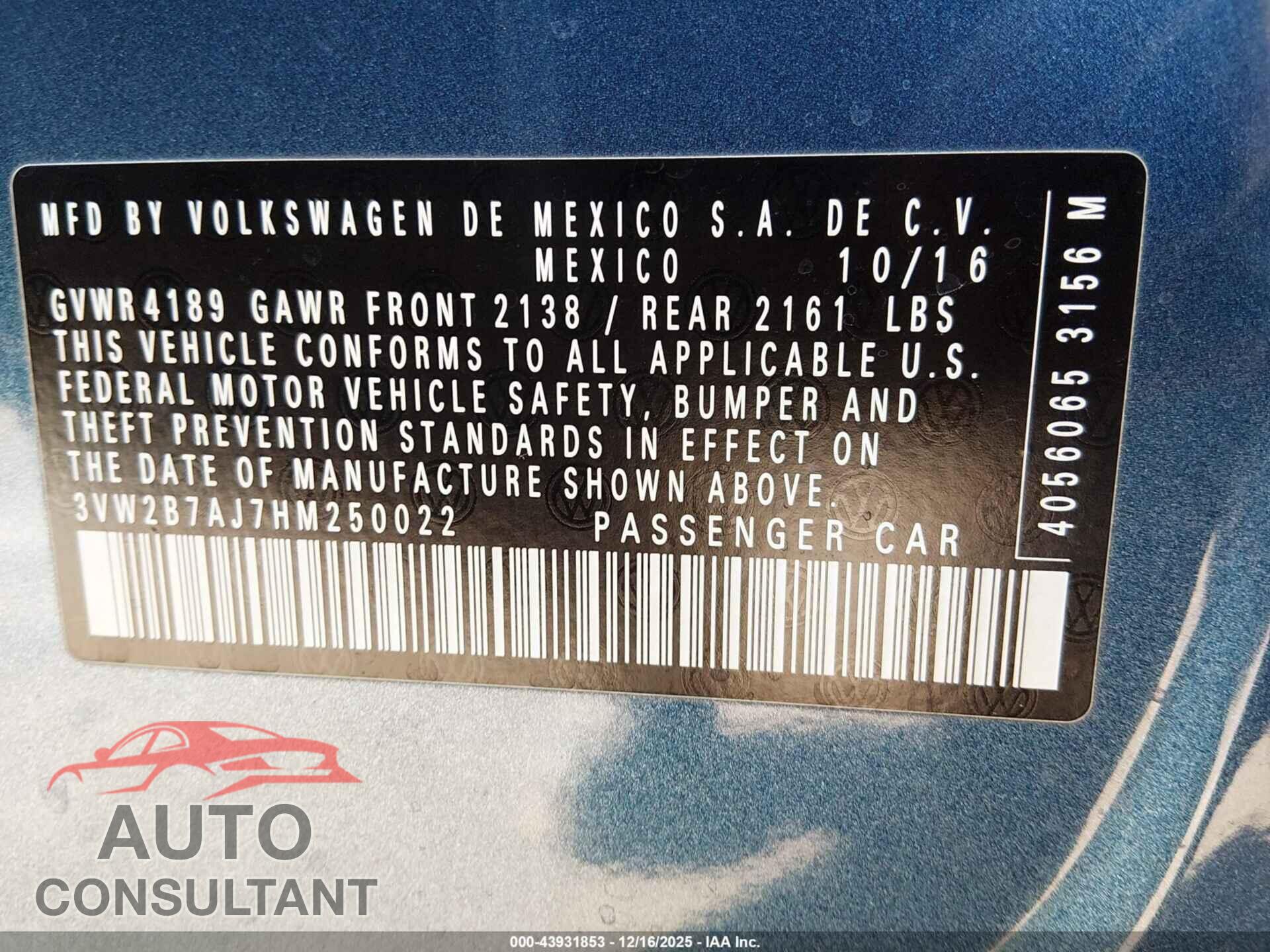 VOLKSWAGEN JETTA 2017 - 3VW2B7AJ7HM250022
