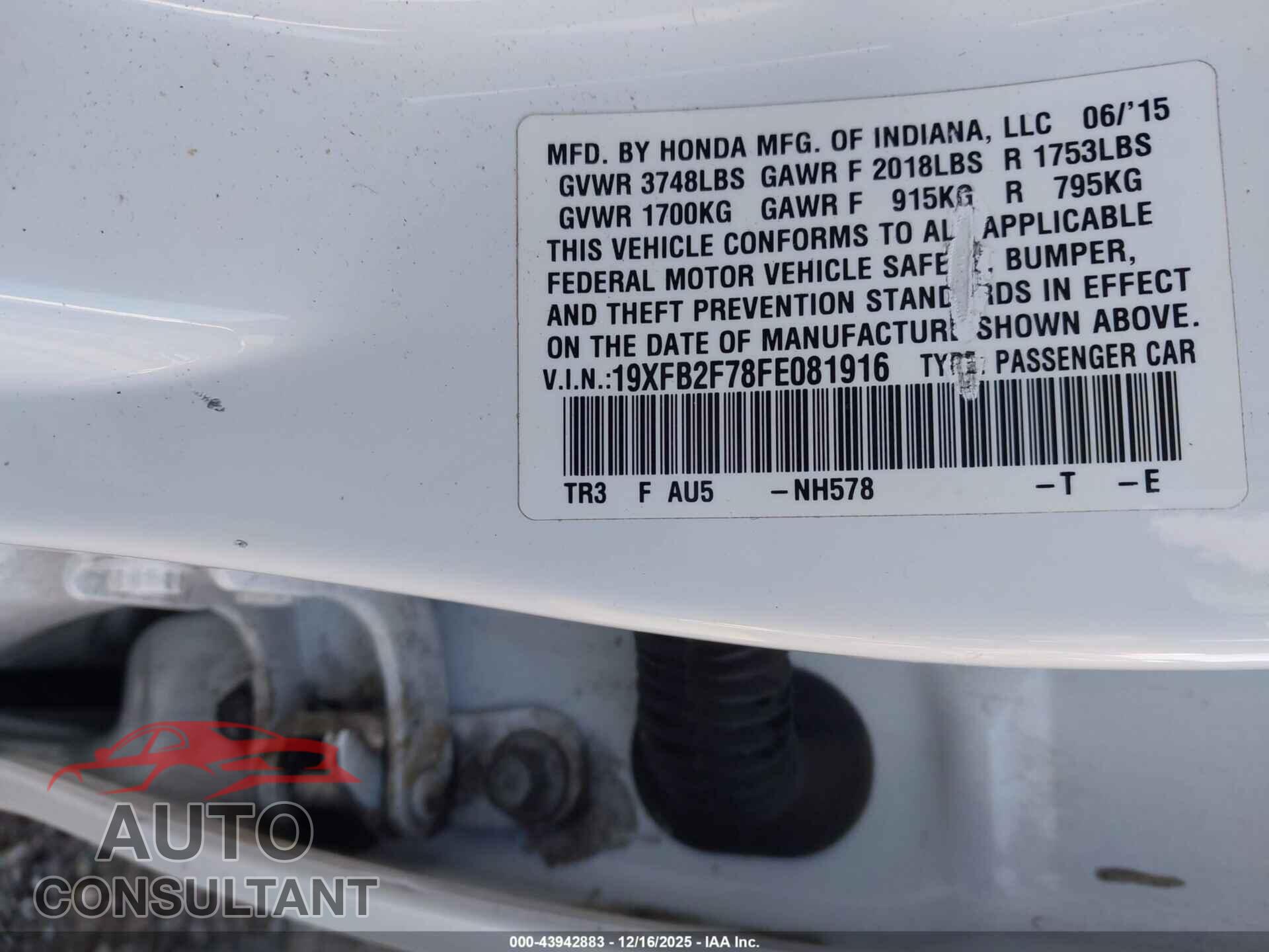 HONDA CIVIC 2015 - 19XFB2F78FE081916