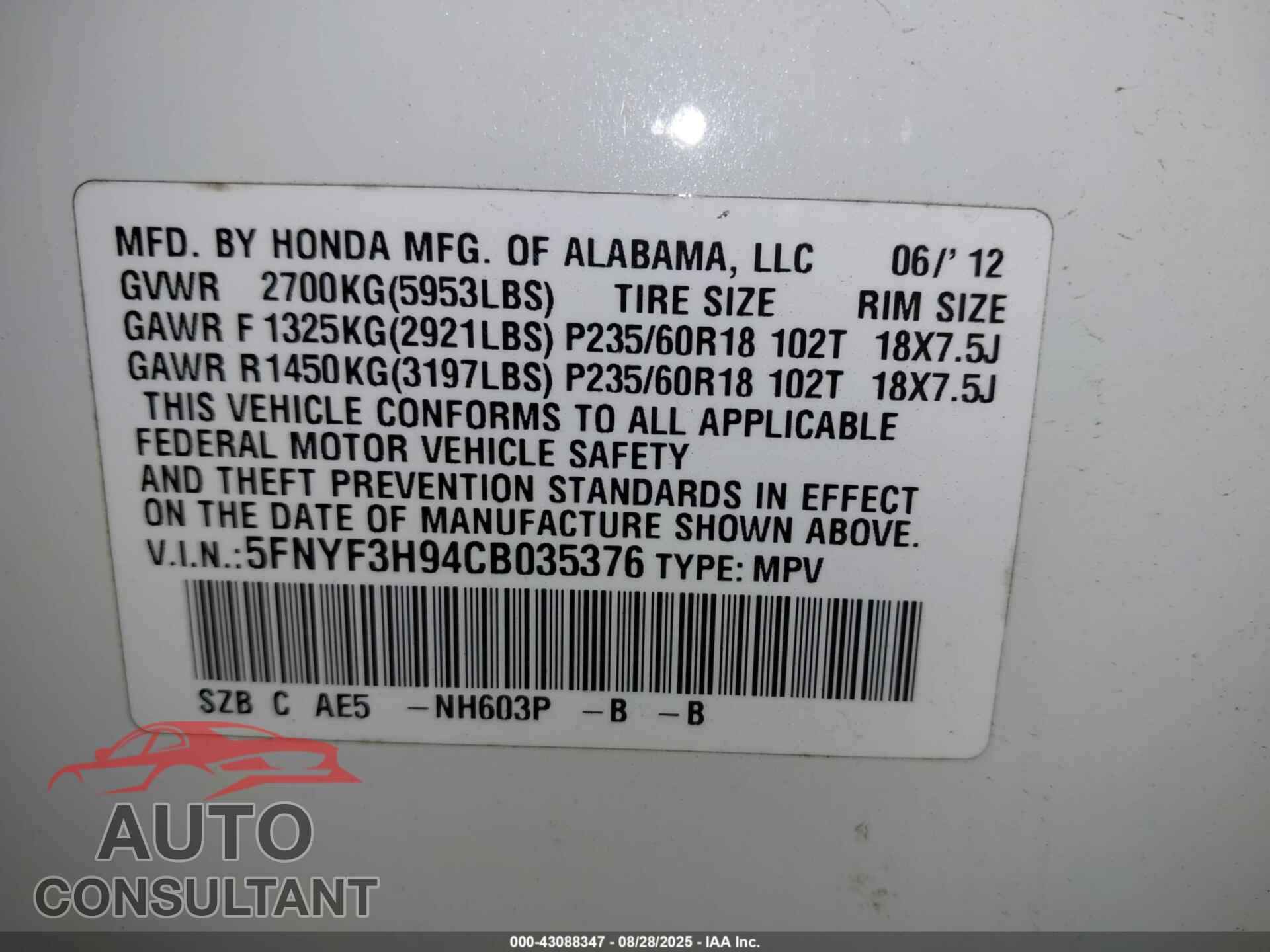 HONDA PILOT 2012 - 5FNYF3H94CB035376