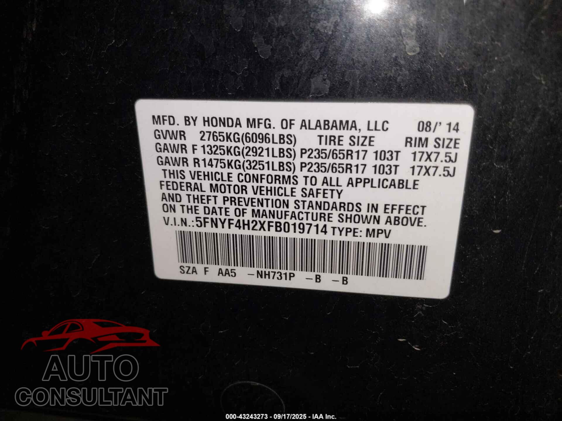 HONDA PILOT 2015 - 5FNYF4H2XFB019714