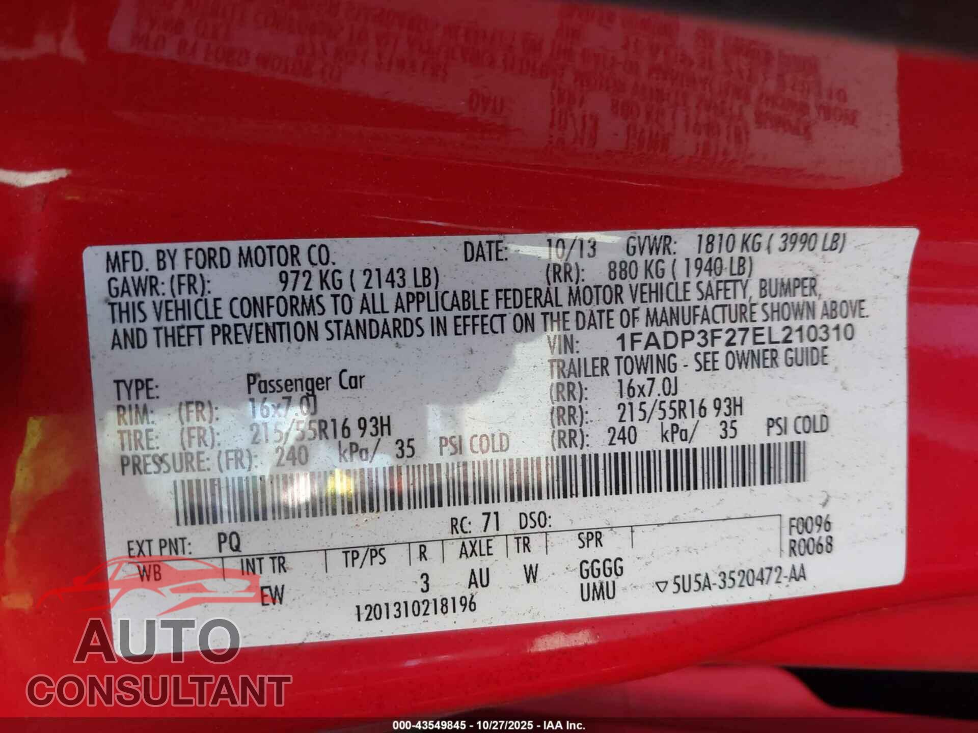 FORD FOCUS 2014 - 1FADP3F27EL210310