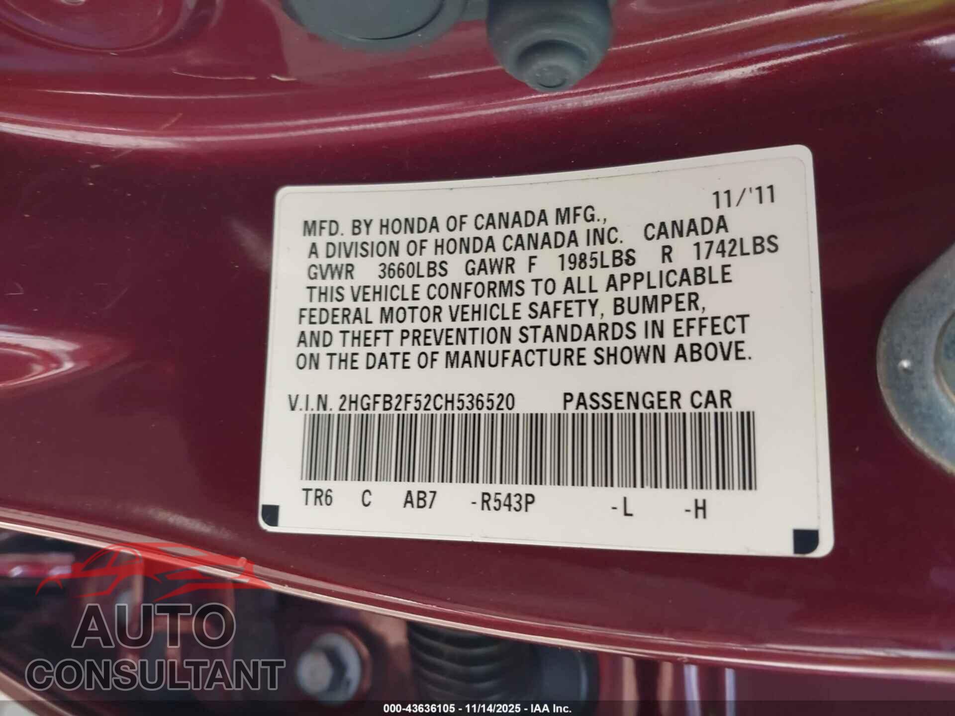 HONDA CIVIC 2012 - 2HGFB2F52CH536520