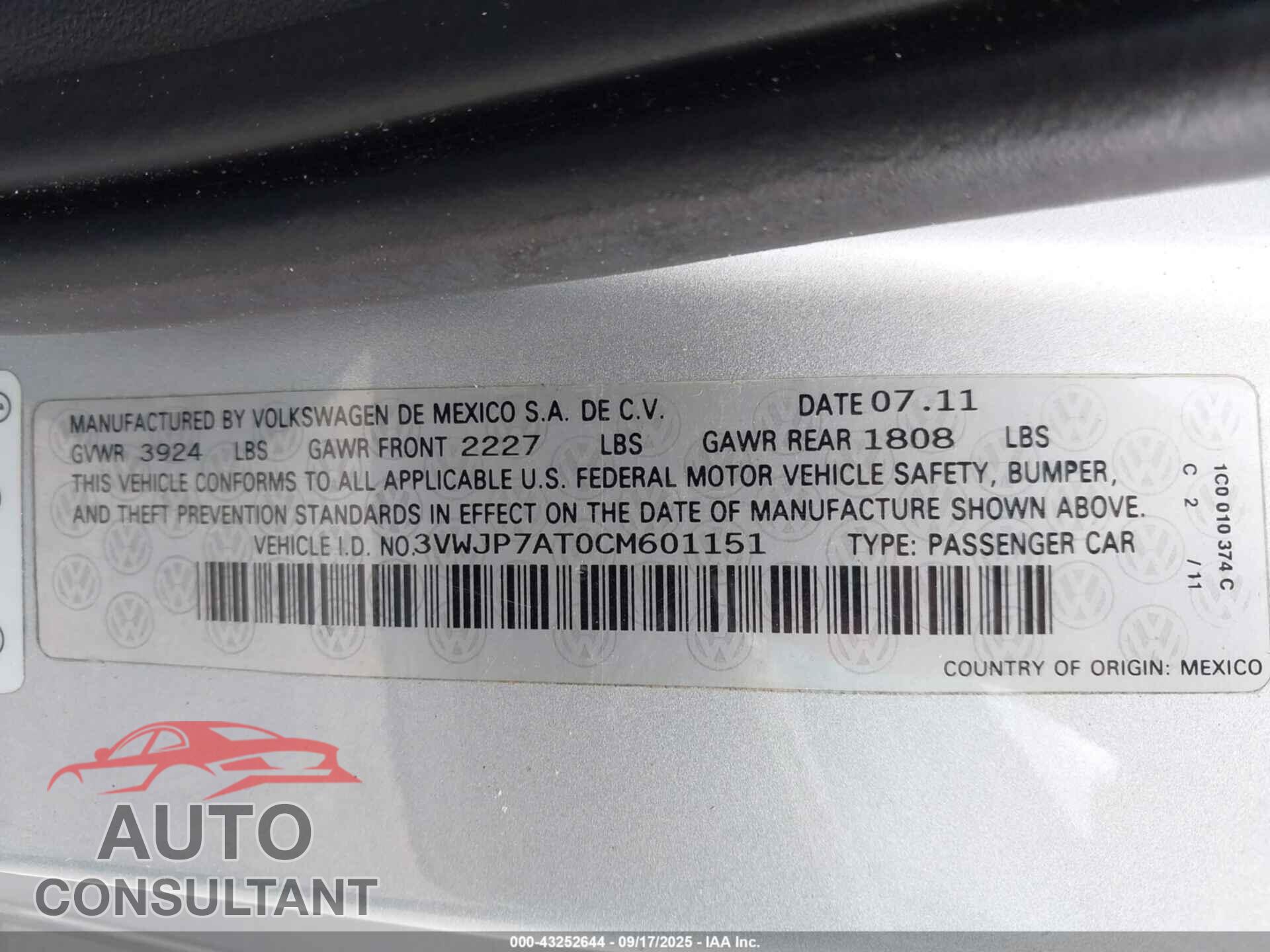 VOLKSWAGEN BEETLE 2012 - 3VWJP7AT0CM601151