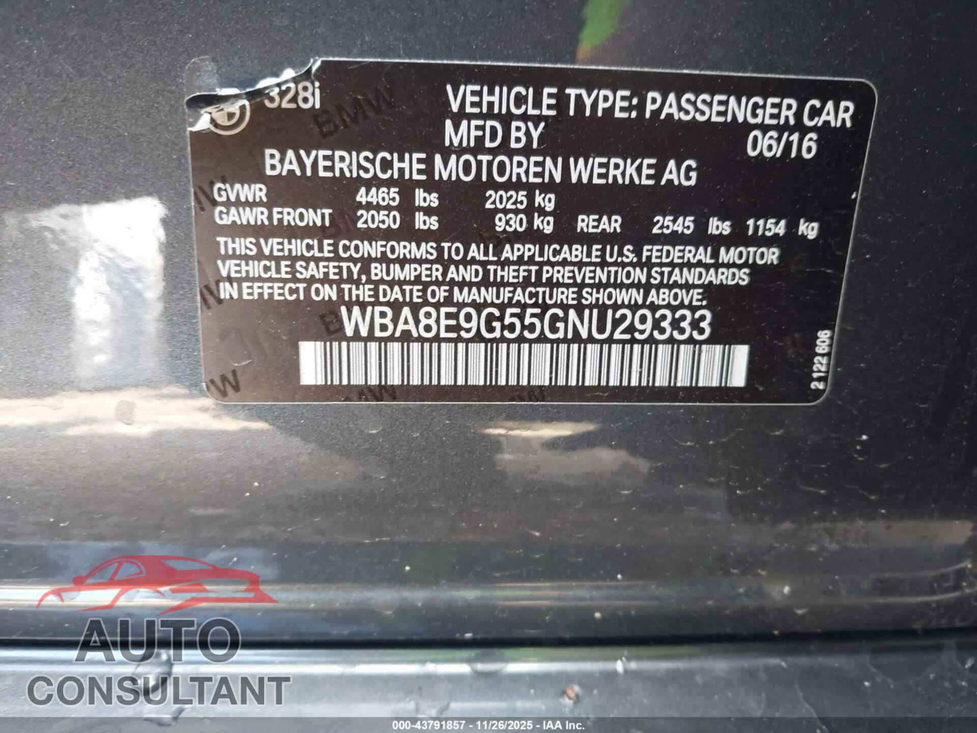 BMW 328I 2016 - WBA8E9G55GNU29333