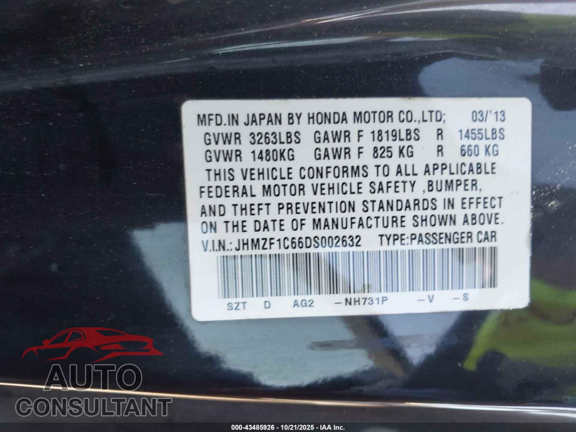HONDA CR-Z 2013 - JHMZF1C66DS002632