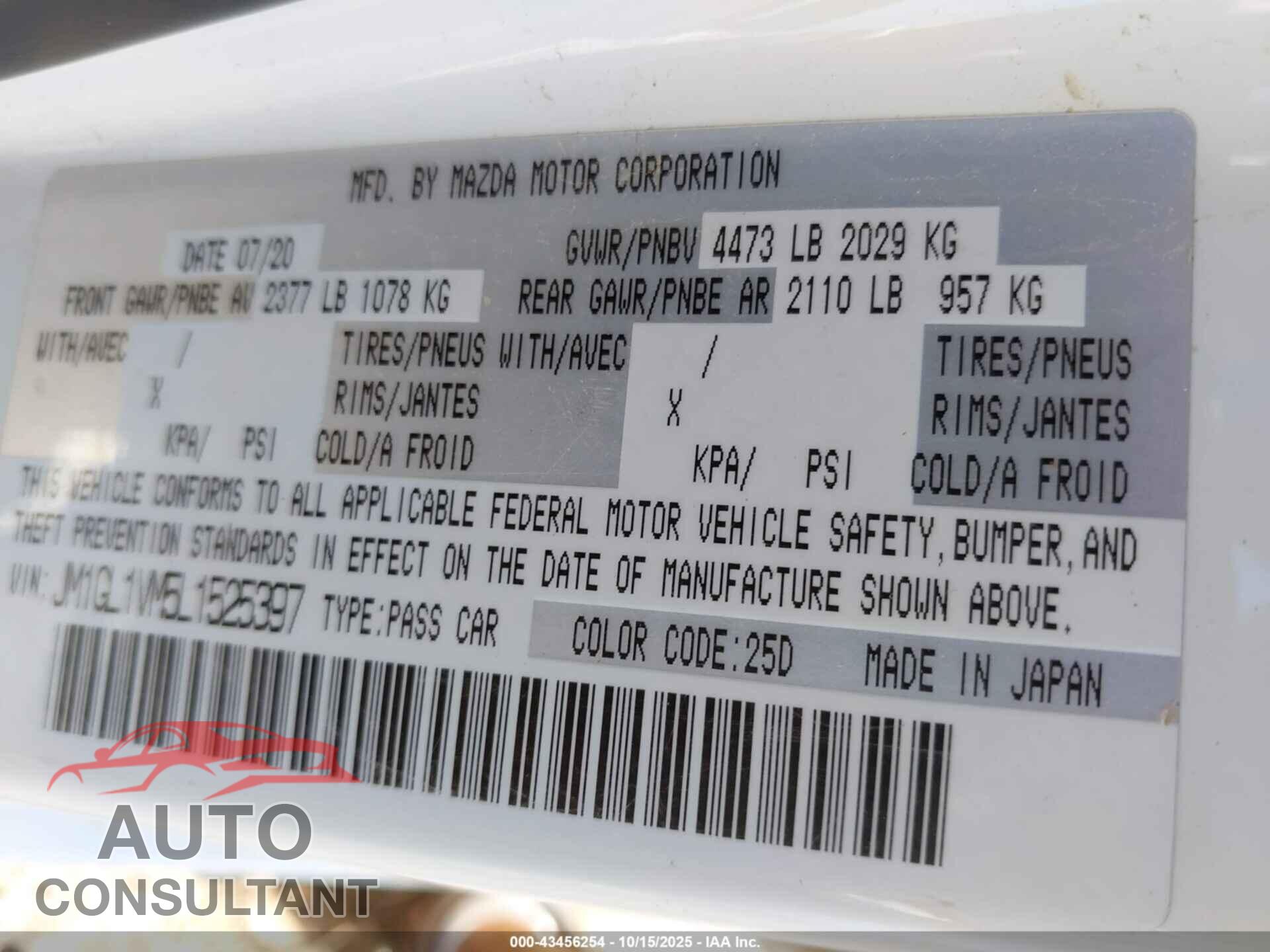 MAZDA MAZDA6 2020 - JM1GL1VM5L1525397