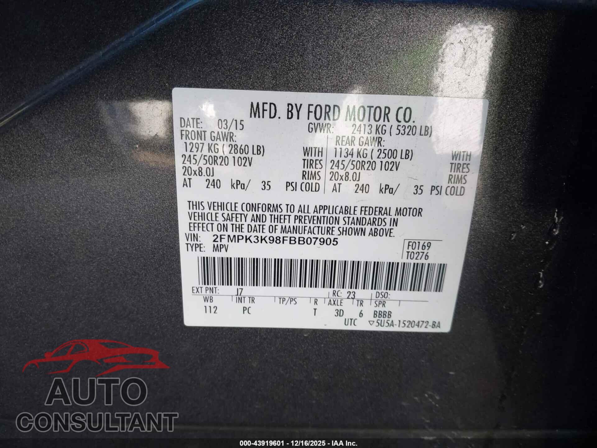 FORD EDGE 2015 - 2FMPK3K98FBB07905