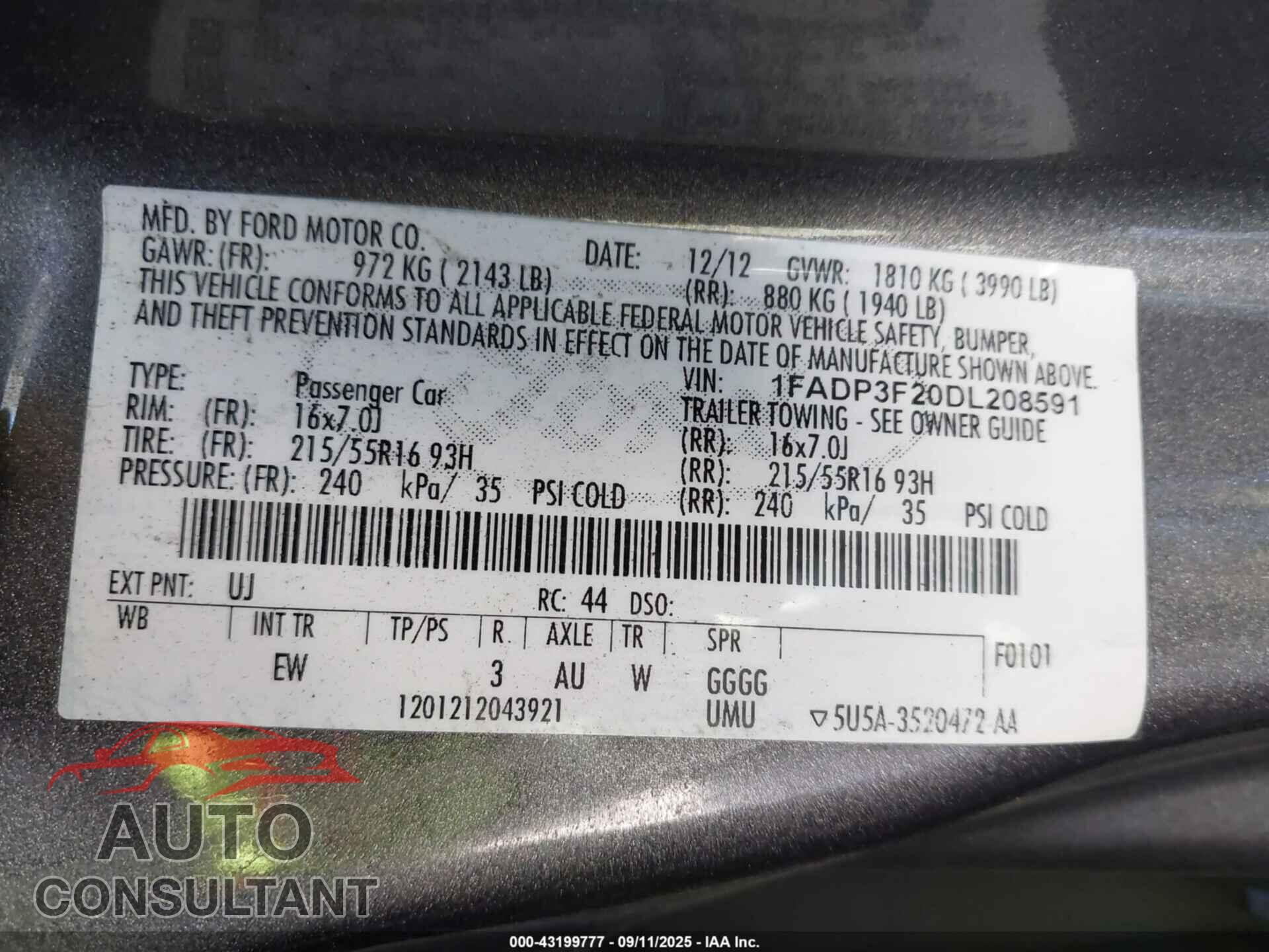 FORD FOCUS 2013 - 1FADP3F20DL208591
