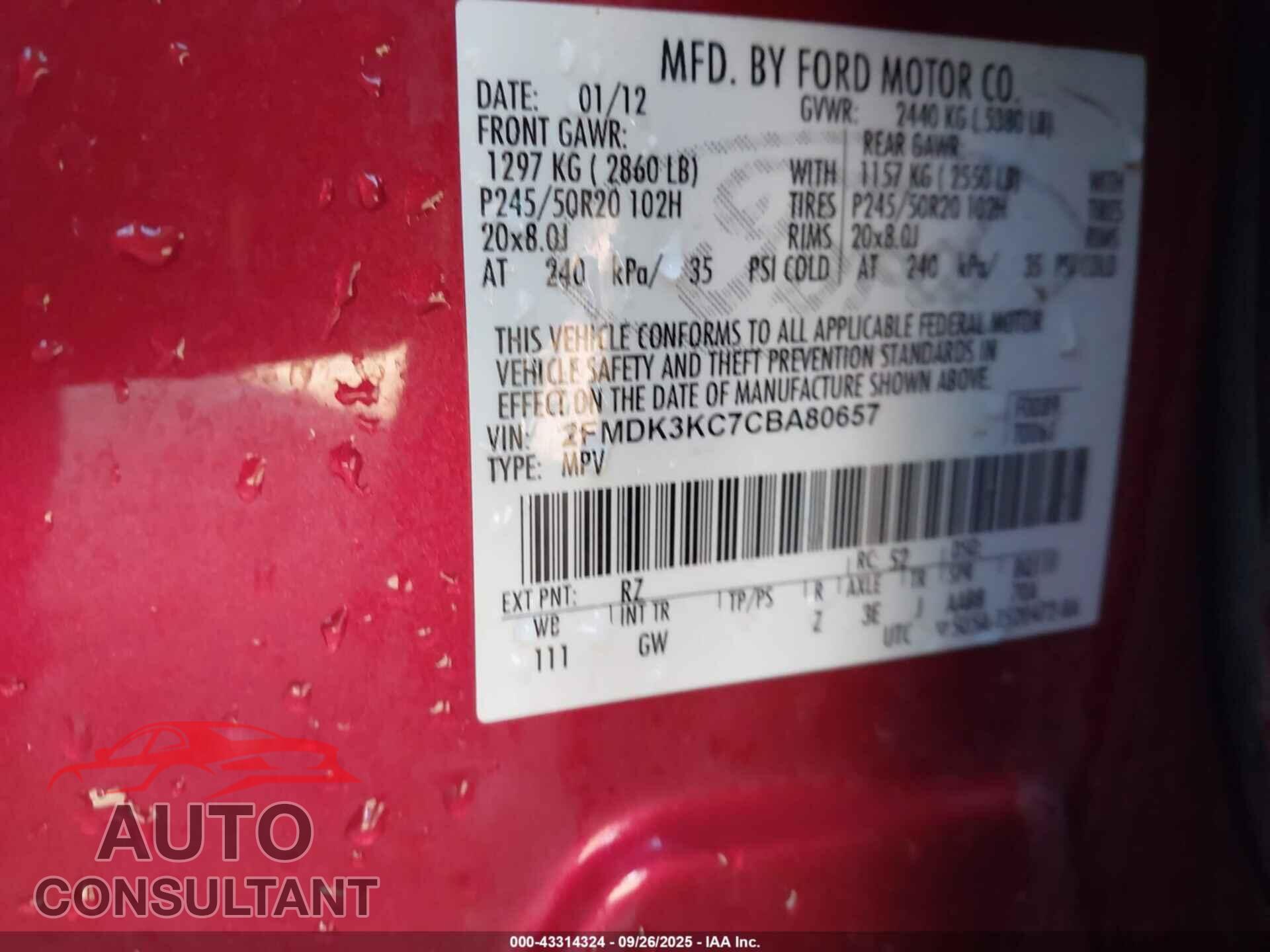 FORD EDGE 2012 - 2FMDK3KC7CBA80657