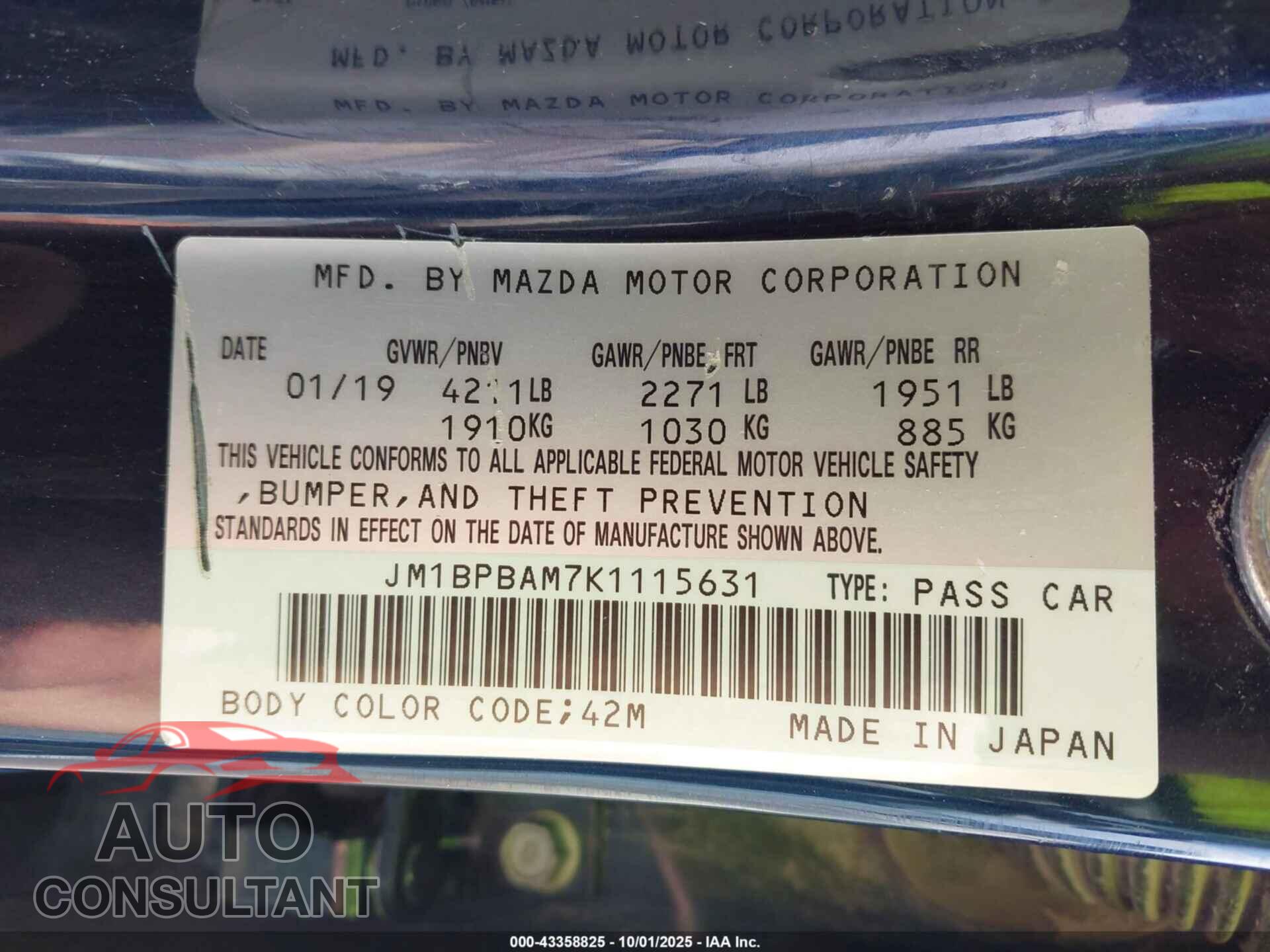 MAZDA MAZDA3 2019 - JM1BPBAM7K1115631