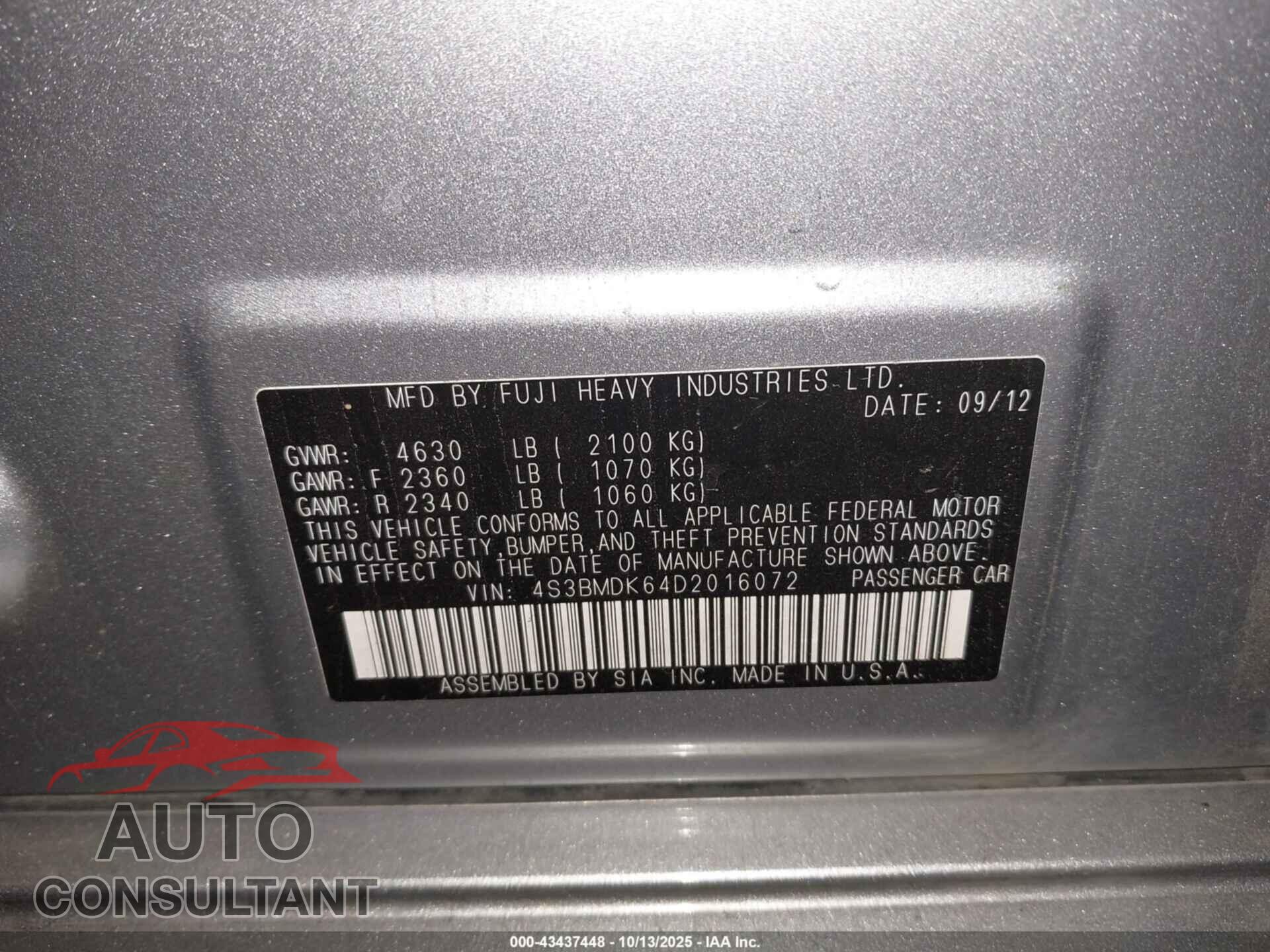 SUBARU LEGACY 2013 - 4S3BMDK64D2016072